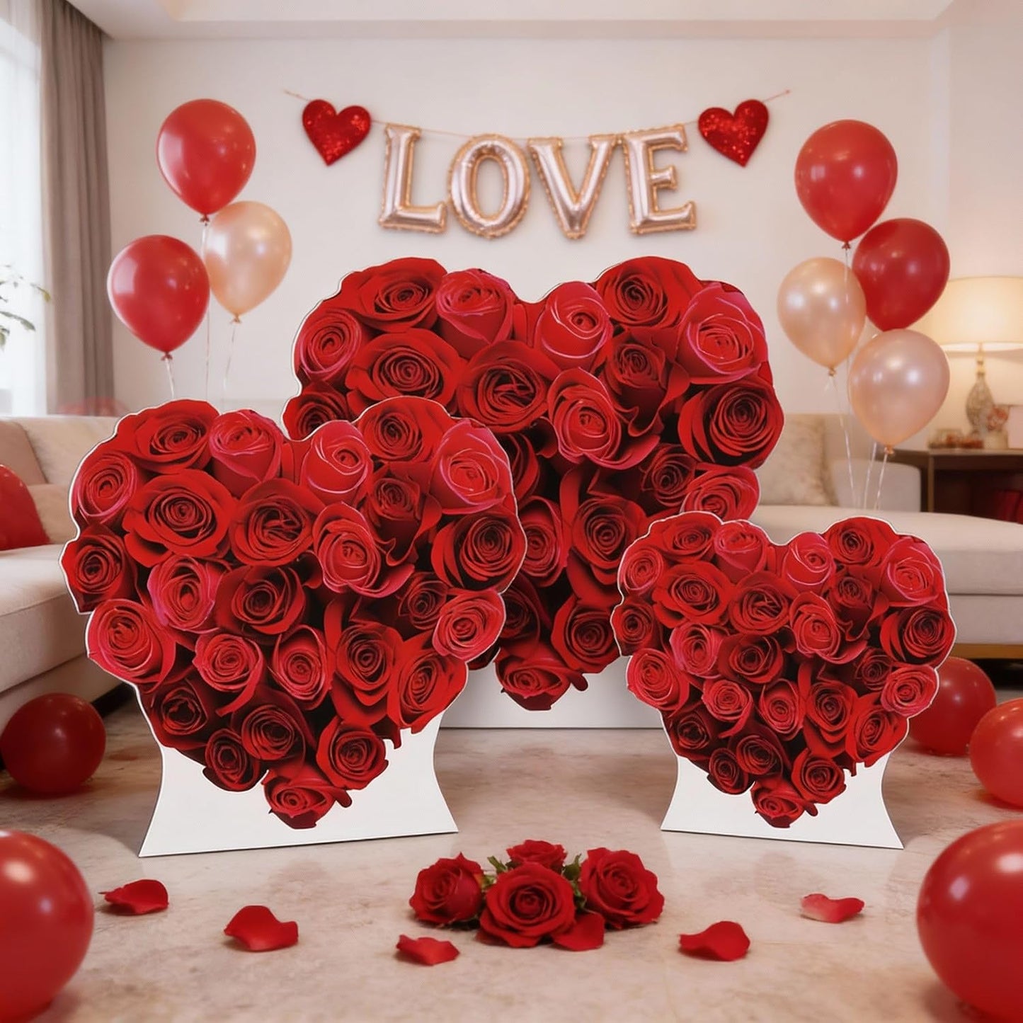 Colarr 3 Pcs Valentine's Day Red Heart Cardboard Cutout Stand Ups Set of 3 Sizes (17'' 25'' 33'') Valentines Party Roses Decoration Backdrop Photo Prop for Anniversary Wedding Engagement BST326L