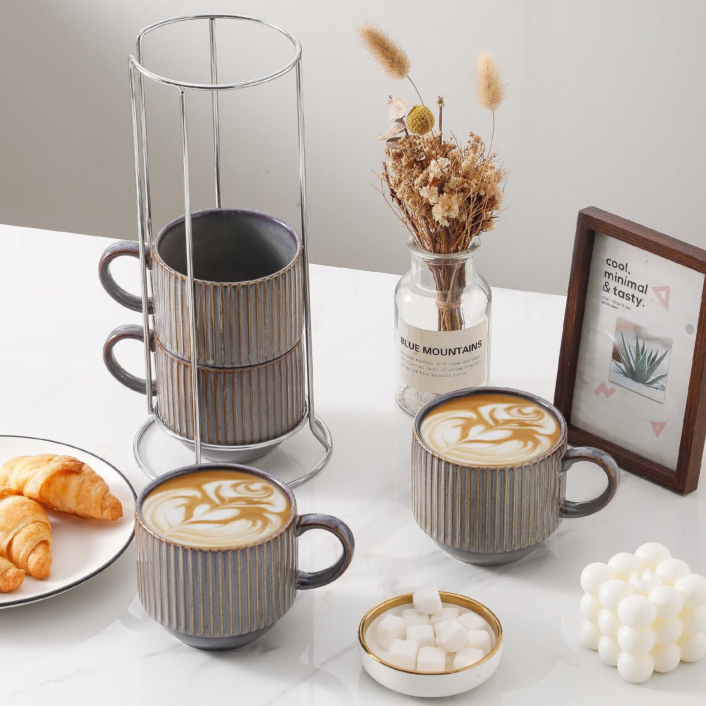 HASENSE 15 oz Ribbed Stackable Coffee Mug Set of 4, Porcelain Latte Cups with Metal Rack, Dishwasher & Microwave Safe, Cappuccino Tea Hot Cocoa, White BST220