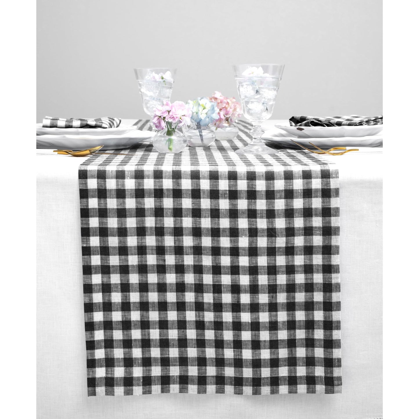 Solino Home 100% Pure Linen Table Runner Apricot, Gingham Check 14 x 36 in | Table Runners for nightstands, end tables, coffee tables and dressers | checkered weave, mitered corners | OEKO-TEX Certified BST326SOLH
