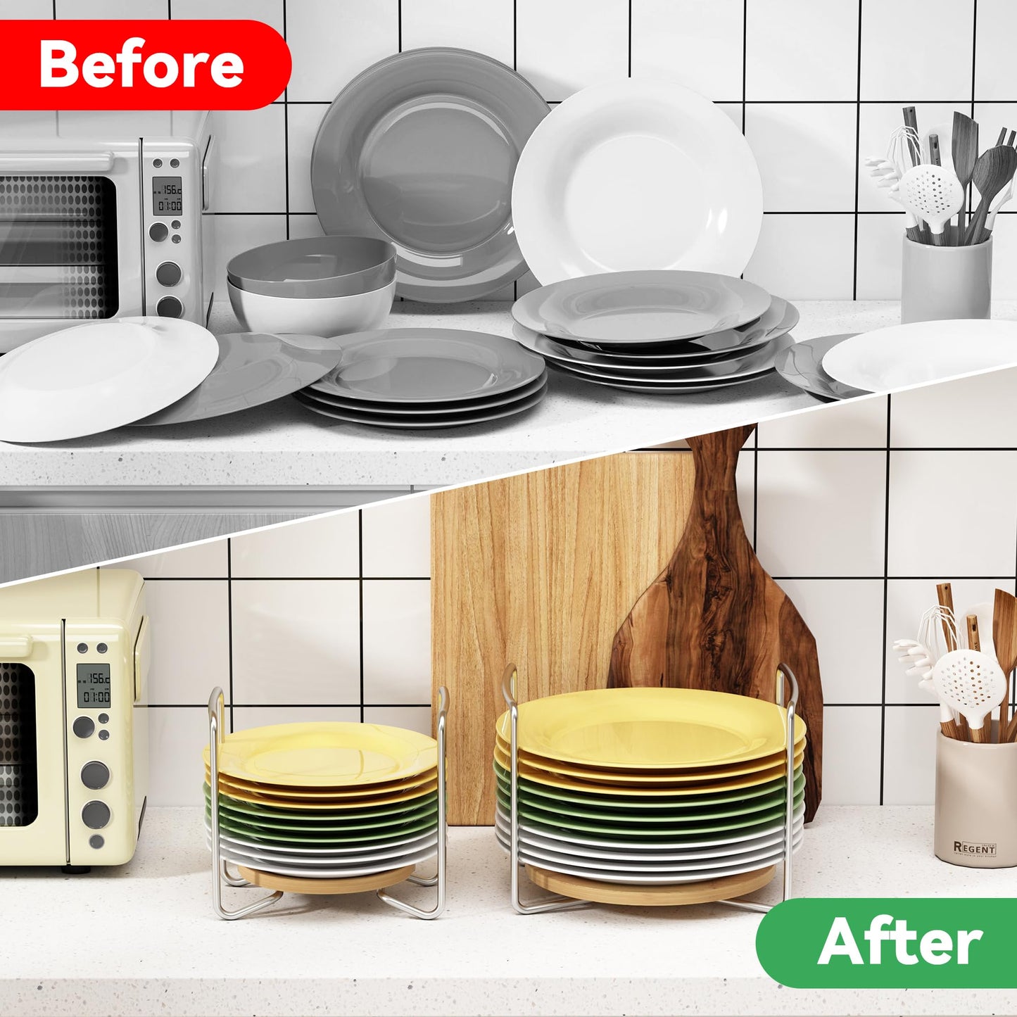 Plate Organizer for Kitchen Counter Bamboo Dish Racks for Cabinet Plate Holder for Kitchen Drawer Storage 2 Pack Adjustable for 6.75" to 8.5" Stainless Steel 304 Portable Handle BST220