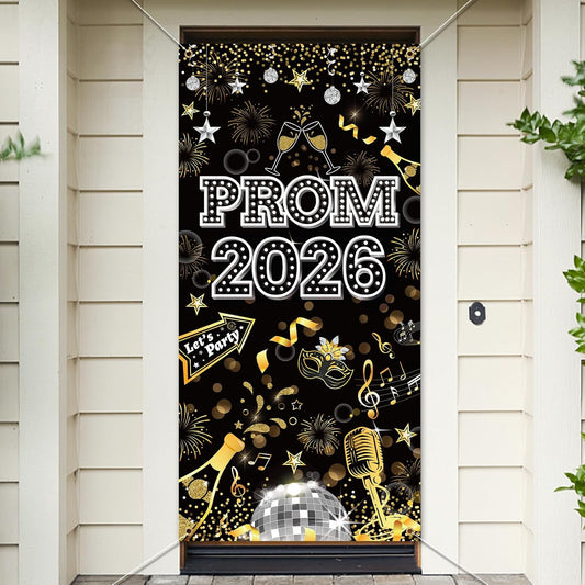 HOWAF Prom 2026 Door Cover for Graduation Prom Night Party Decoration, Grad Dancing Parties Door Banner 2026 Welcome Sign for Class of 2026 Congrats Grad Supplies, Black Gold Silver BST326L