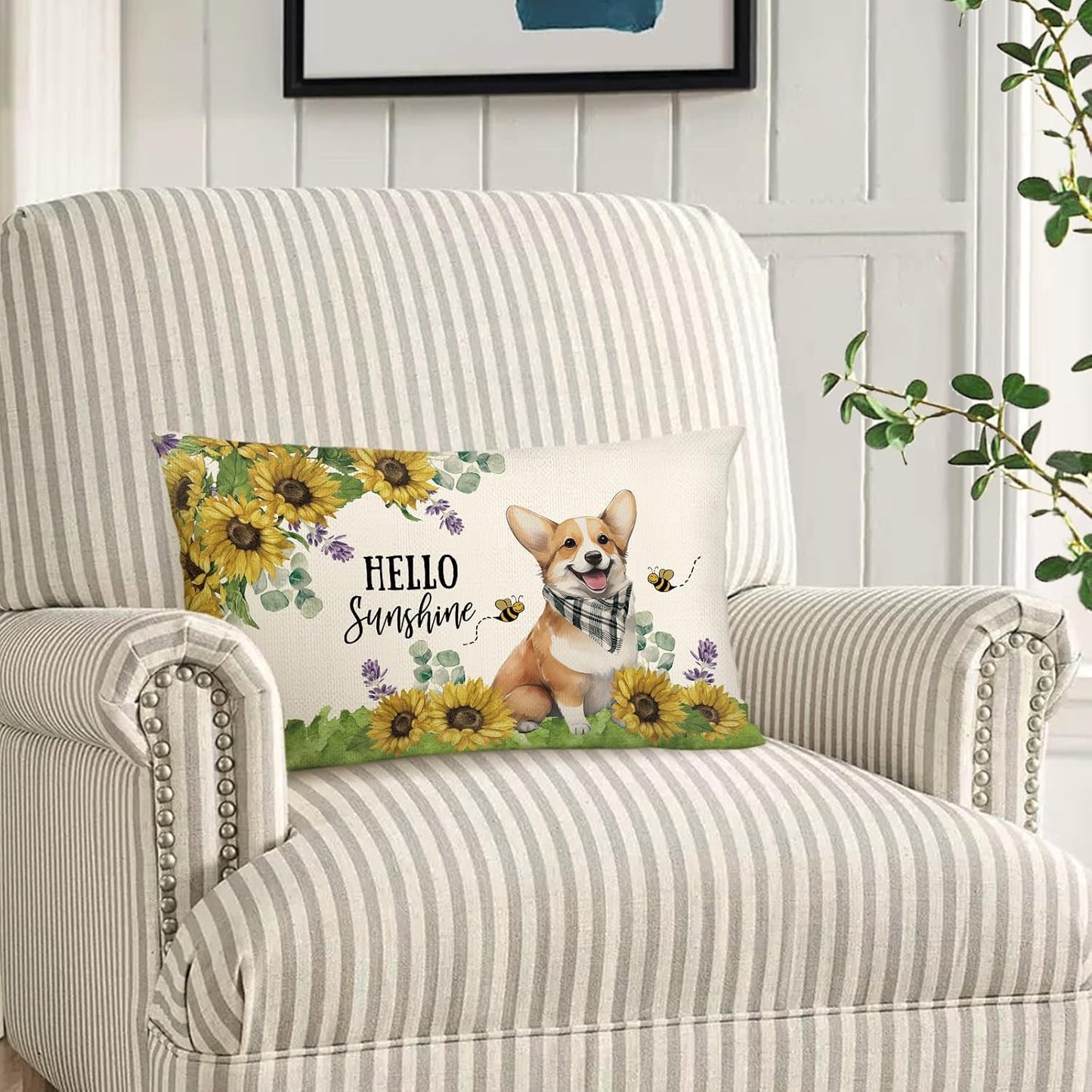 Sunflower Corgi Dog Lumbar Throw Pillow Cover 12x20 Inch Summer Cushion Case Decoration for Sofa Couch BST202