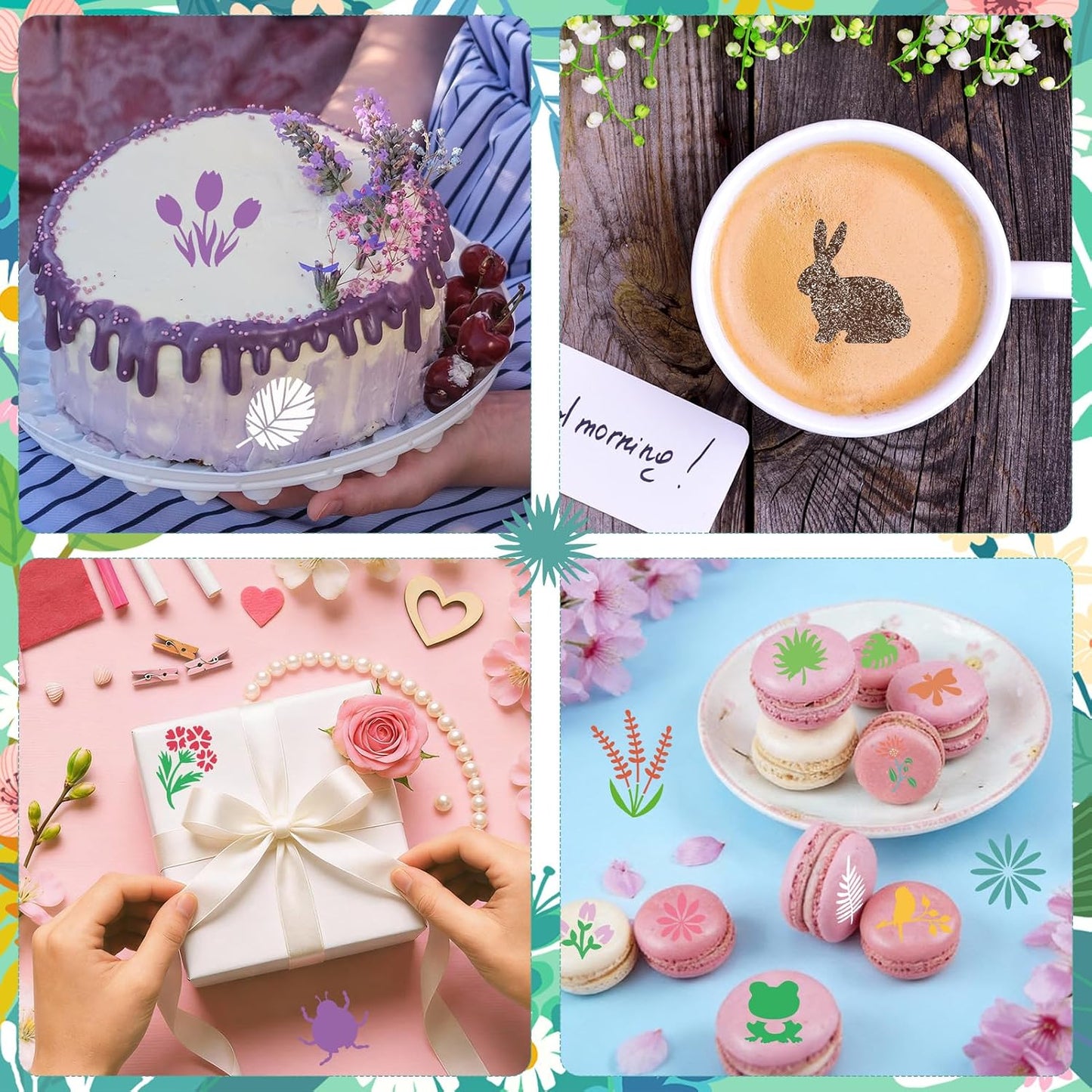 Konsait 20 Pack DIY Coffee Stencils Latte Art Templates for Decorations Reusable Cake Cookie Stencils,Includes Designs for Painting Butterfy, Flowers, Bunny, Bird,Perfect for Party Supplies BST326L