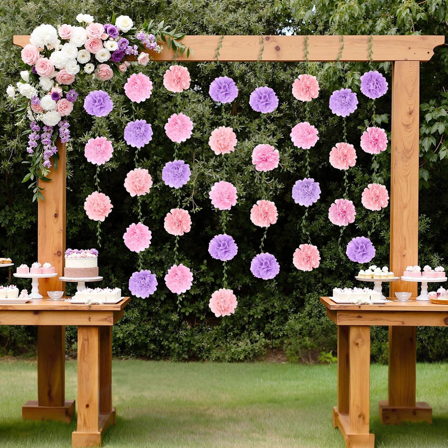 kreat4joy 4pack Pink Purple Tissue Paper Pom Poms Flowers Garland Leaf Ribbon 98.42inches Pre-Strung Reusable Ceiling for Birthday Baby Shower Wedding Bridal Shower Home Event Wall Party Decoration BST220