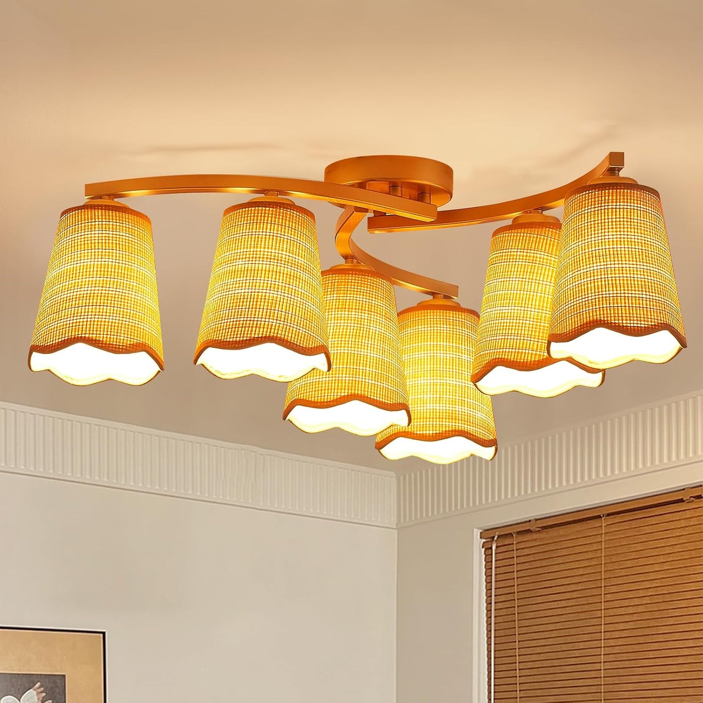 XINGQI 22.8" Boho Rattan Chandelier 6 Lights Rustic Farmhouse Semi Flush Mount Ceiling LightIing Fixture Woven Fabric with Gold Meatl Lampbody for Kitchen Island Bedroom Dining Room WN420