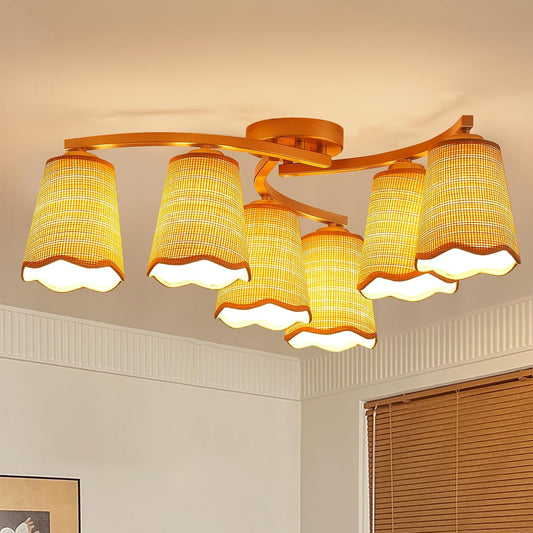 XINGQI 22.8" Boho Rattan Chandelier 6 Lights Rustic Farmhouse Semi Flush Mount Ceiling LightIing Fixture Woven Fabric with Gold Meatl Lampbody for Kitchen Island Bedroom Dining Room WN420