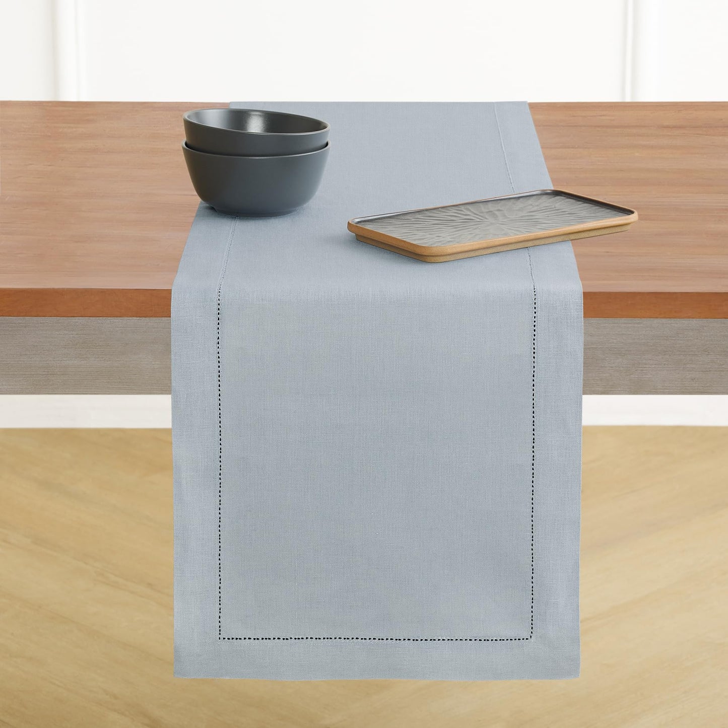 Solino Home 100% Pure Linen Table Runner Garden Green Hemstitch, 14 x 48 in | Classic Hemstitch Table Runners for dining, hallway and console table styling | hand hemstitched borders | OEKO-TEX Certified BST326SOLH