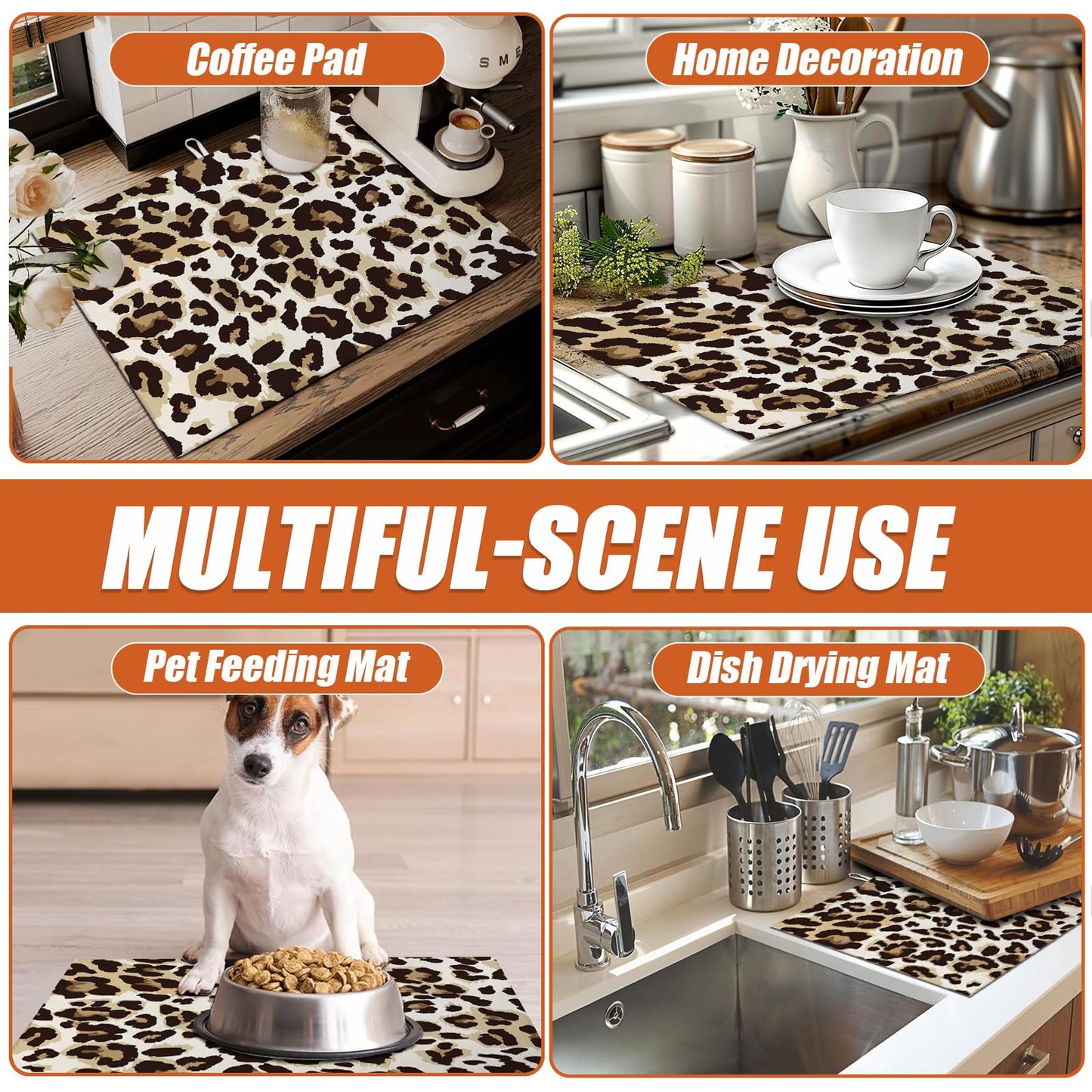 Brown Leopard Dish Drying Mat for Kitchen Counter Microfiber Absorbent Dish Kitchen Drying Mat Draining Reusable Washable for Dishes/Utensils/Counterto BST220