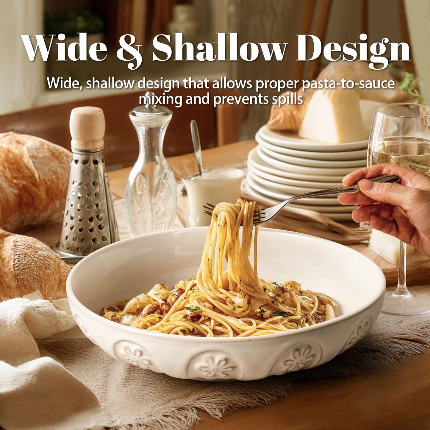 Artena Pasta Bowls, 50oz Large Salad Serving Bowls, 9.75'' Plates Bowls Set of 4, Big White Ceramic Soup Bowls for Kitchen, Embossment Shallow Dinner Bowl, Microwave Dishwasher Safe, Willow Leaf BST326H