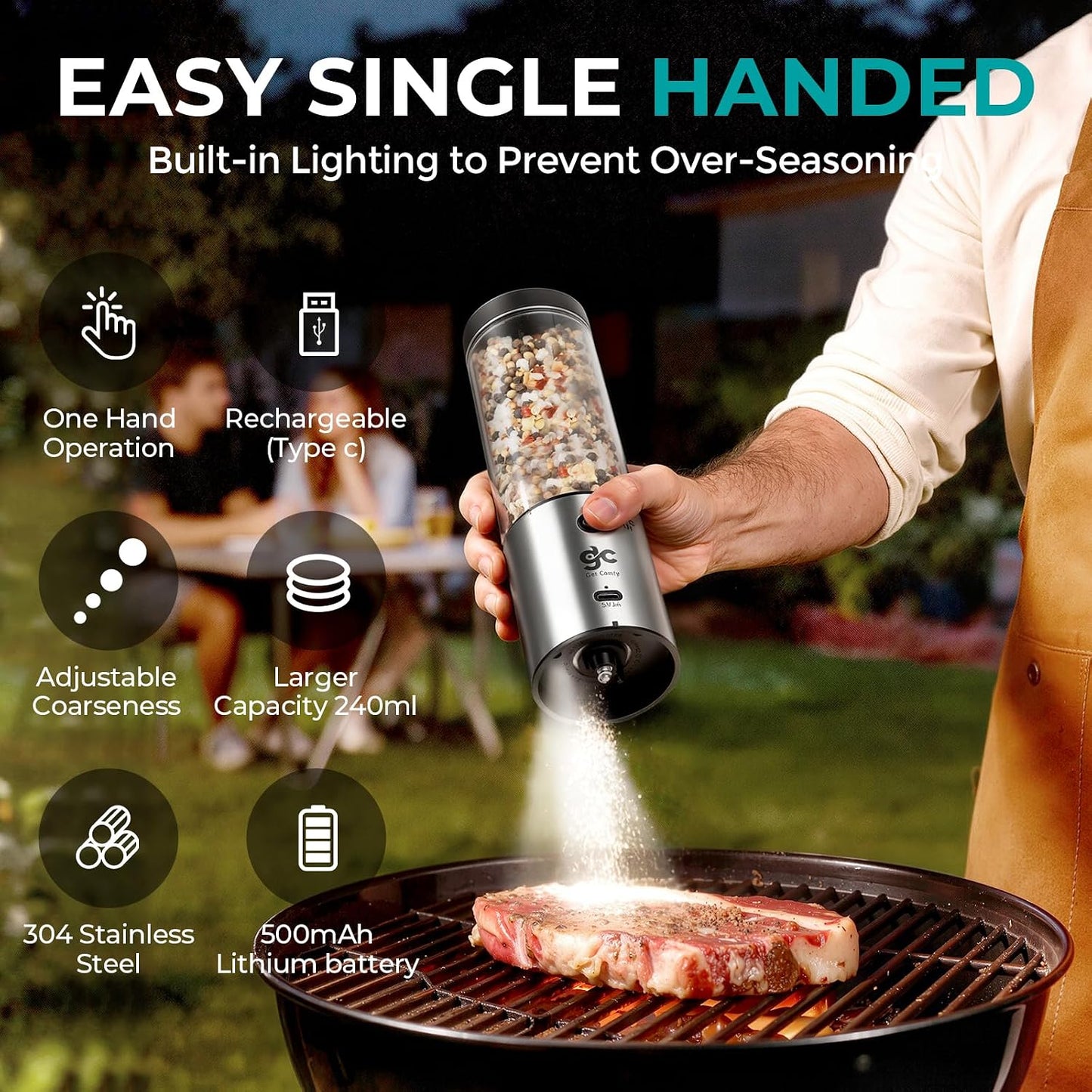 Electric Salt & Pepper Grinder Set One-Handed Automatic Pepper Mill with LED Light Adjustable Coarseness Large-Capacity Refillable Mill Durable Ceramic Core Battery Powered Seasoning Grinder for Home BST202