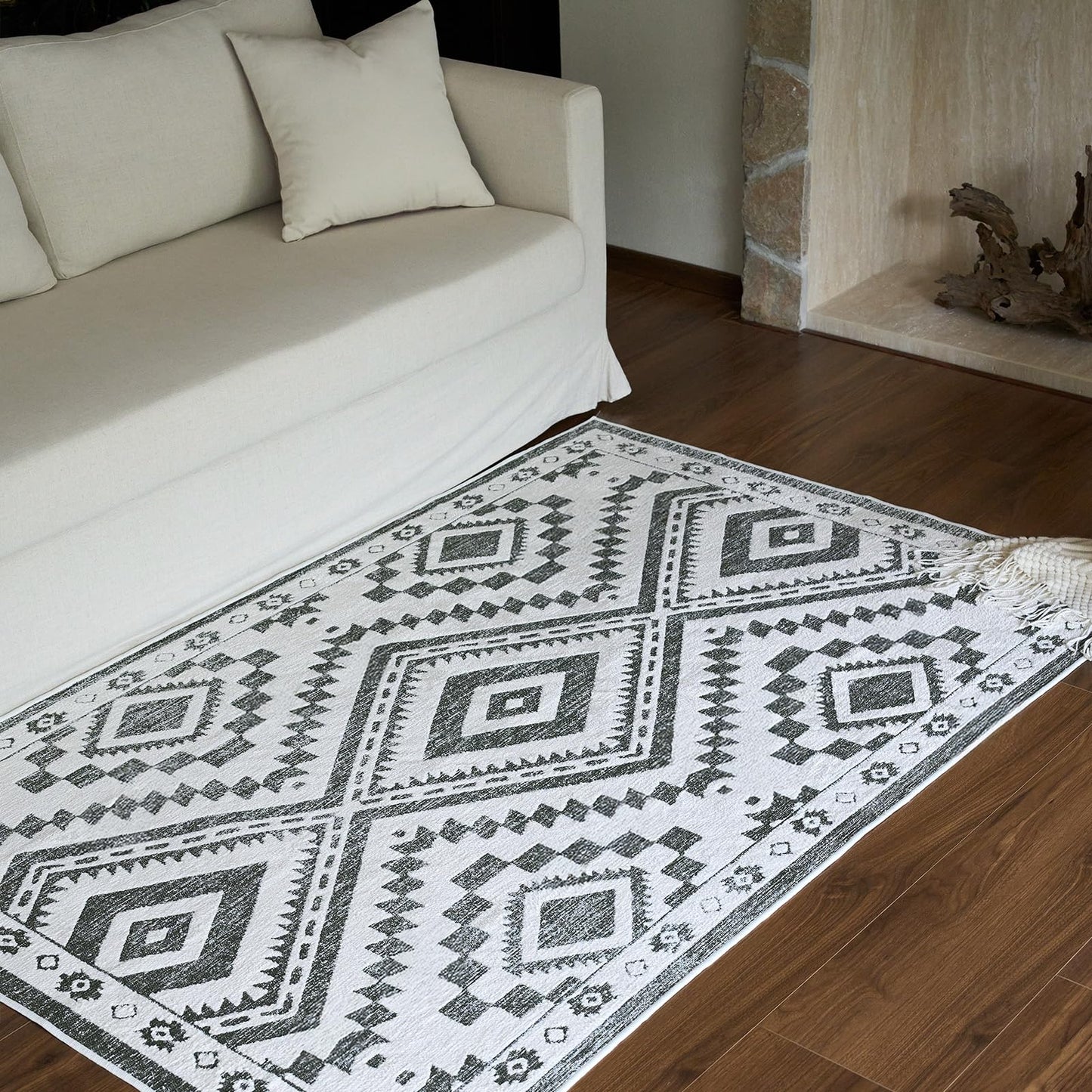 Moroccan Washable Area Rug 3x5, Geometric Tribal Decorative Woven Rug, Non-Slip Boho Farmhouse Soft Low-Pile Area Rug for Living Room Bedroom Nursery Dining Table, Dark Brown/White BST326H