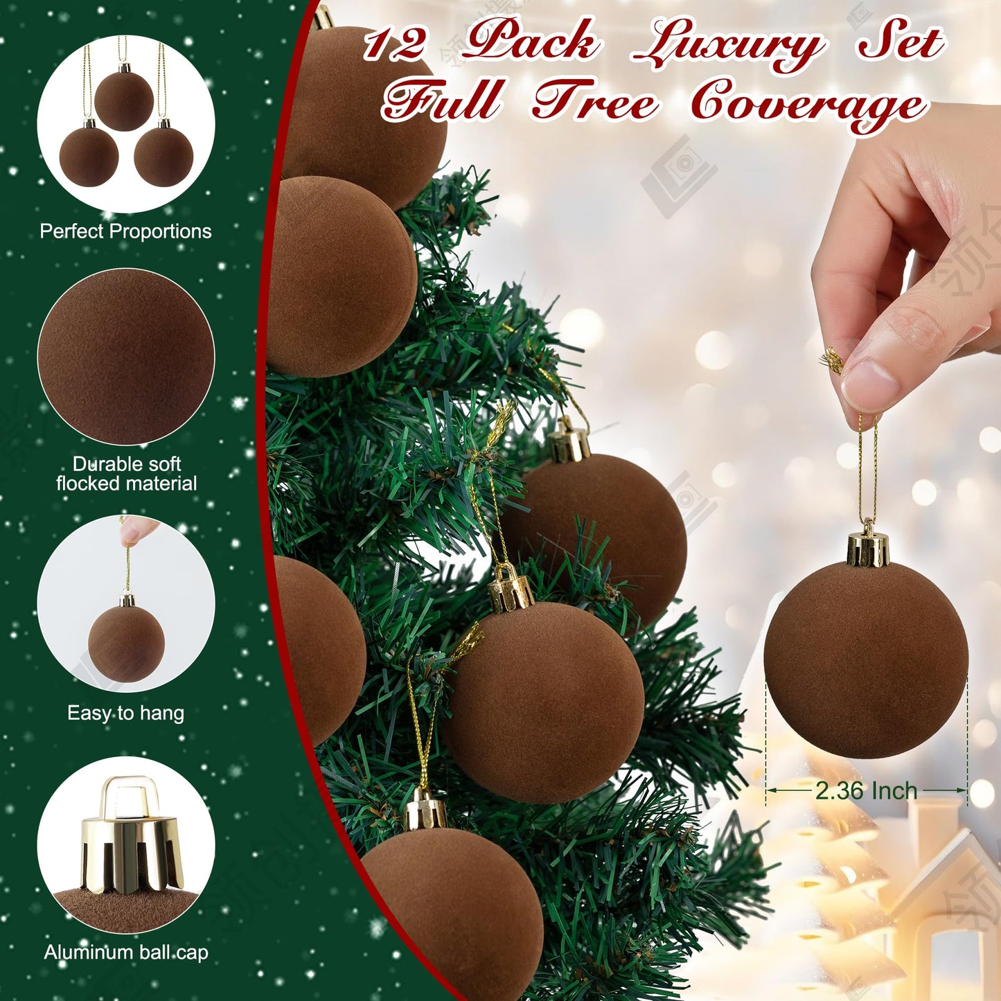 12 PCS Velvet Ornaments for Christmas Tree Decorations, Elegant Velvet Christmas Ornaments Balls, Shatterproof Xmas Decorative Hanging Ornaments(Brown, Green, Light Khaki,2.36 Inch) BST202