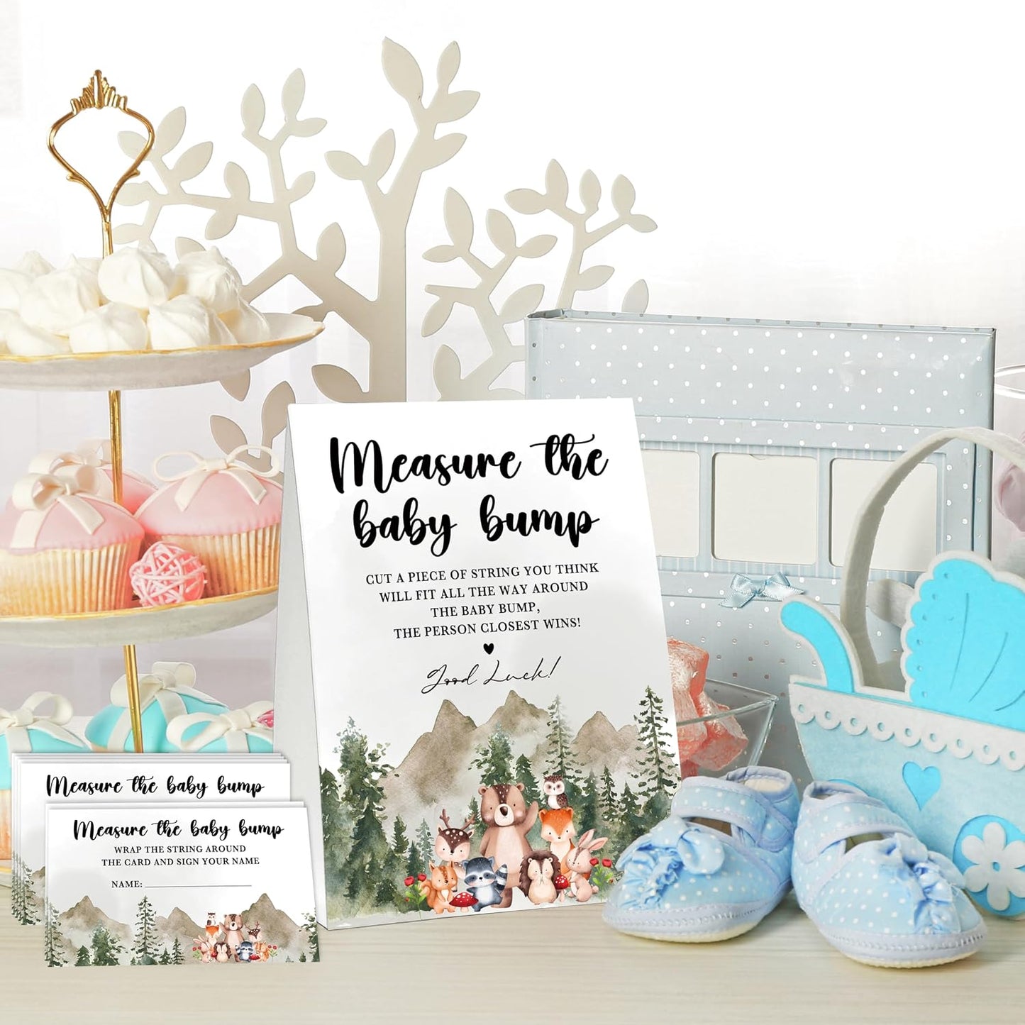 Woodland Baby Shower Game, Jungle Animal Safari Measure Baby Bump, 1 Standing Sign with 50 Cards for Gender Neutral Shower - A02 BST326L