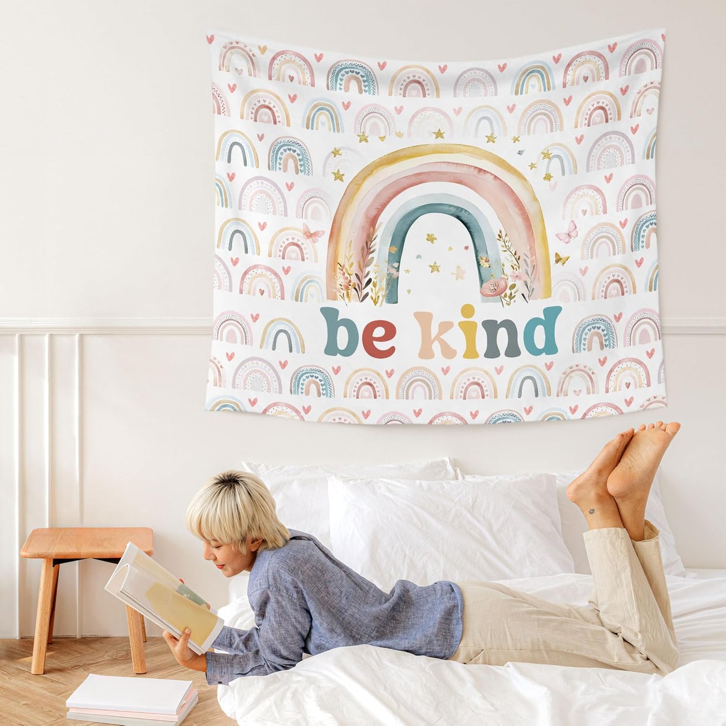 WARDOS Boho Rainbow Classroom Tapestry, Be Kind Motivational Tapestry Wall Hanging, Boho Pastel Rainbow Wall Blanket Decor for Classroom Kids Room Nursery Playroom, 50x60 Inch WN420