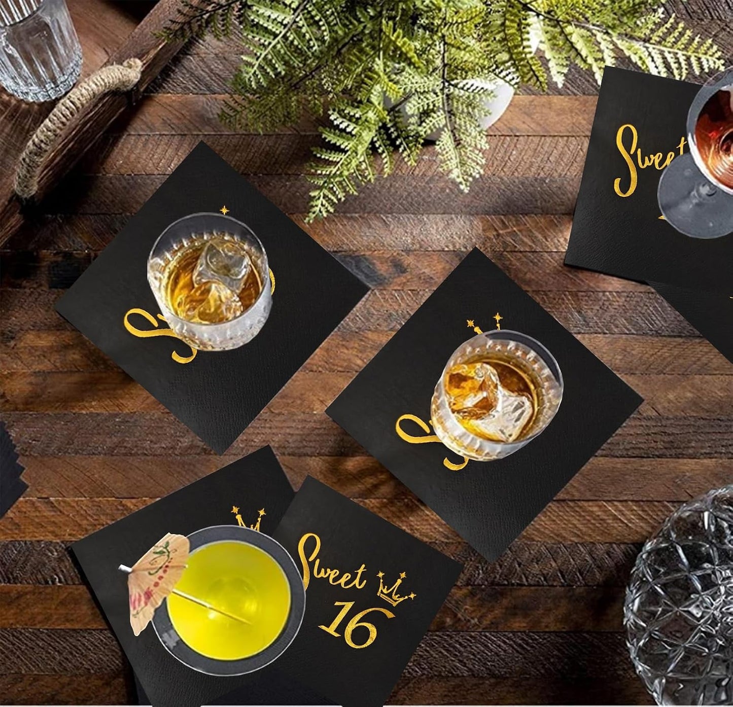 16th Birthday Party Supplies Disposable Tableware Napkins and Plates,Black and Gold Napkins and Plates Set for 16th Girl Birthday Party Decoration Service 20 BST326L
