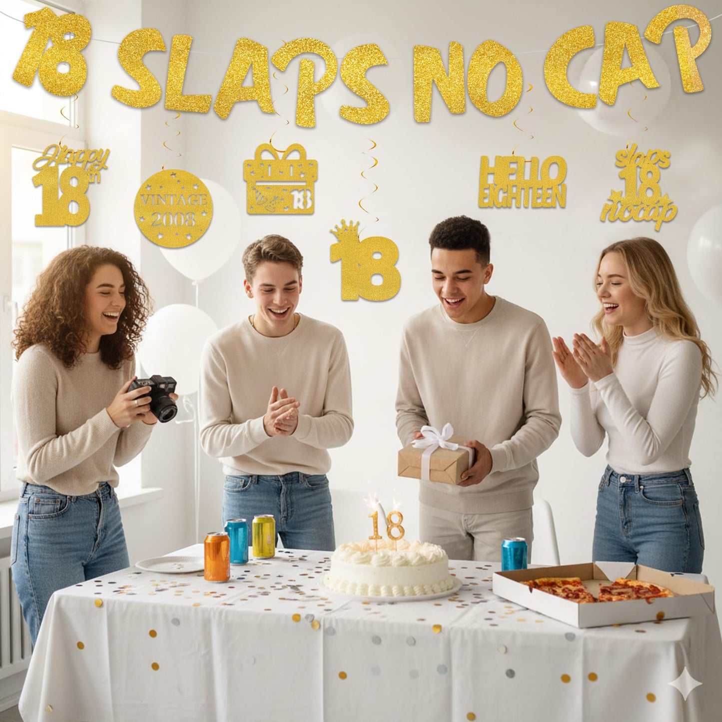 18th Birthday Decorations Banner for Boys - Pre-strung Gold Glitter 18 Slaps No Cap Banner Hanging Swirls, Funny Gen Z Slang 18 Year Old Party Supplies BST220