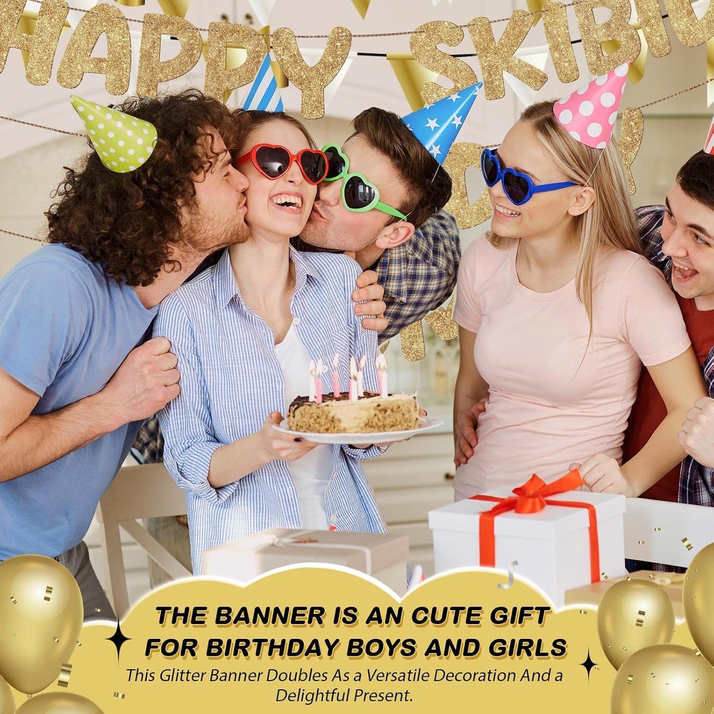 Fulmoon Pre Strung Happy Skibidi Birthday Sigma Banner Glitter Funny Zoomer Gen Z Slang Birthday Party Supplies Gen Z Slag Party Decorations Sign Gift(Champagne Gold) WN420