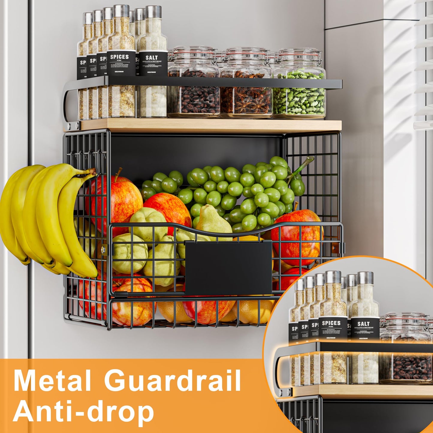 Magnetic Shelf for Fridge,Hanging Wall Basket for Potato Onion Fruit and Vegetable Storage Bins,Large Produce Container Magnetic Spice Rack for Refrigerator Kitchen Counter Pantry,Black BST220