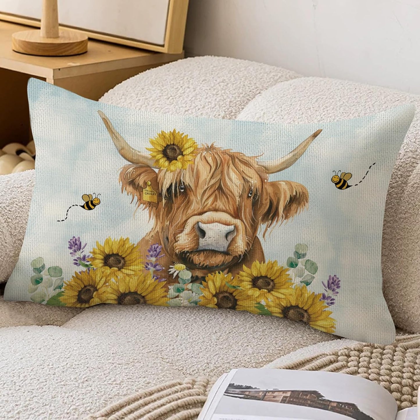 Sunflower Highland Cow Lumbar Throw Pillow Cover 12x20 Inch Summer Cushion Case Decoration for Sofa Couch BST202