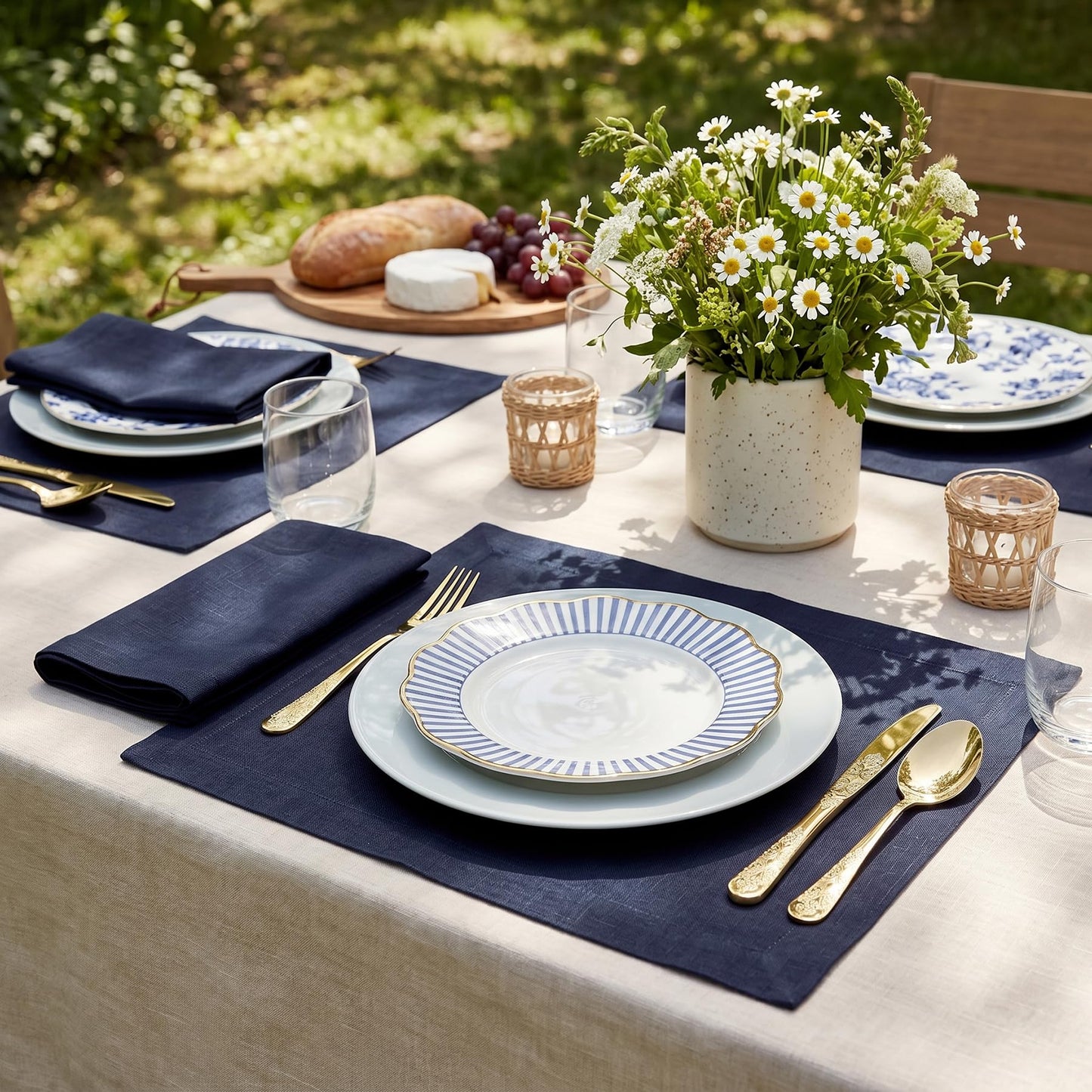 Solino Home 100% Linen Square Placemats White, Fete 14 x 14 in, Set of 4 | Square Table Mats square place settings for daily and festive dining; neatly mitered corners; Pure Linen; OEKO-TEX Certified BST326SOLH