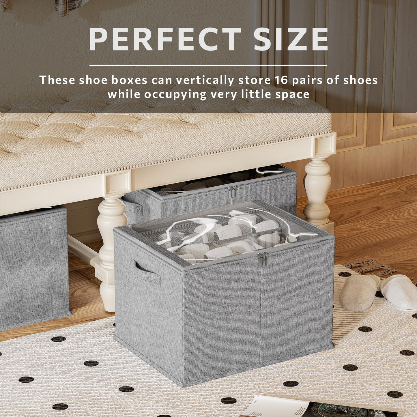 2 Pack Shoe Organizer for Closet - Shoe Storage Bins with Clear Cover, Fabric Shoe Storage Containers with Reinforced Handles, Fits up to 24 Pairs (Black, 16.5 * 12.6 * 12.2in) BST326H