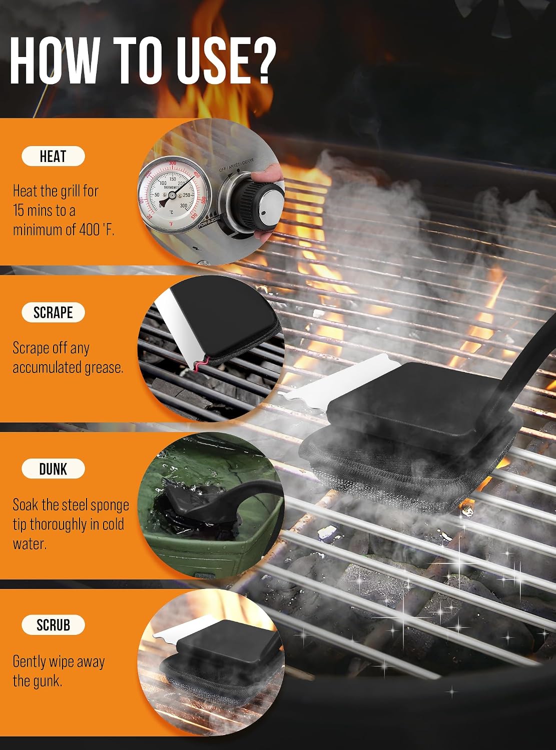 Grill Brush Bristle Free, Grill Cleaner Brush with 5 Replacement Heads, Ultra Safe Grill Brush for Outdoor Grill, Cast Iron, Stainless Steel Grates, Grill Scraper Outdoor BBQ Grill, Black WN420