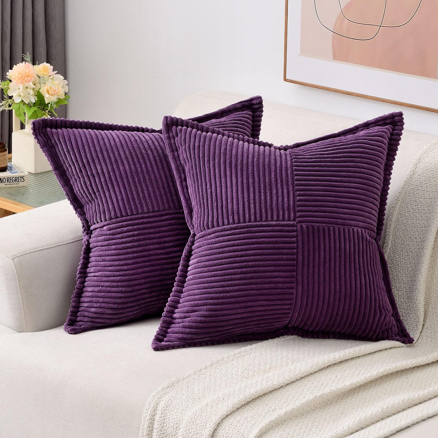 HAUSSY Pack of 2 Corduroy Throw Pillow Covers26x26 Inch, Rust | Decorative Striped Soft Boho Farmhouse Pillowcases, Machine Washable, Couch Bed Sofa Living Room Home Decor, No Insert BST202