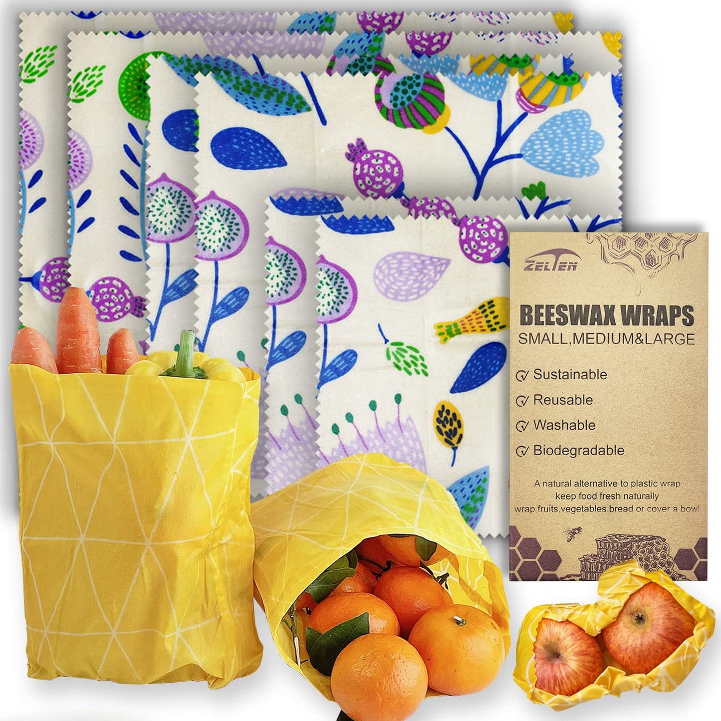 Beeswax Reusable Food Wraps - (6 Packs, 3 Sizes S,M,L, with 2 Meter Hemp Rope, Two Buttons) Plastic and Silicone Free, Eco-friendly Wrap, Wax Paper for Food,Flower BST220