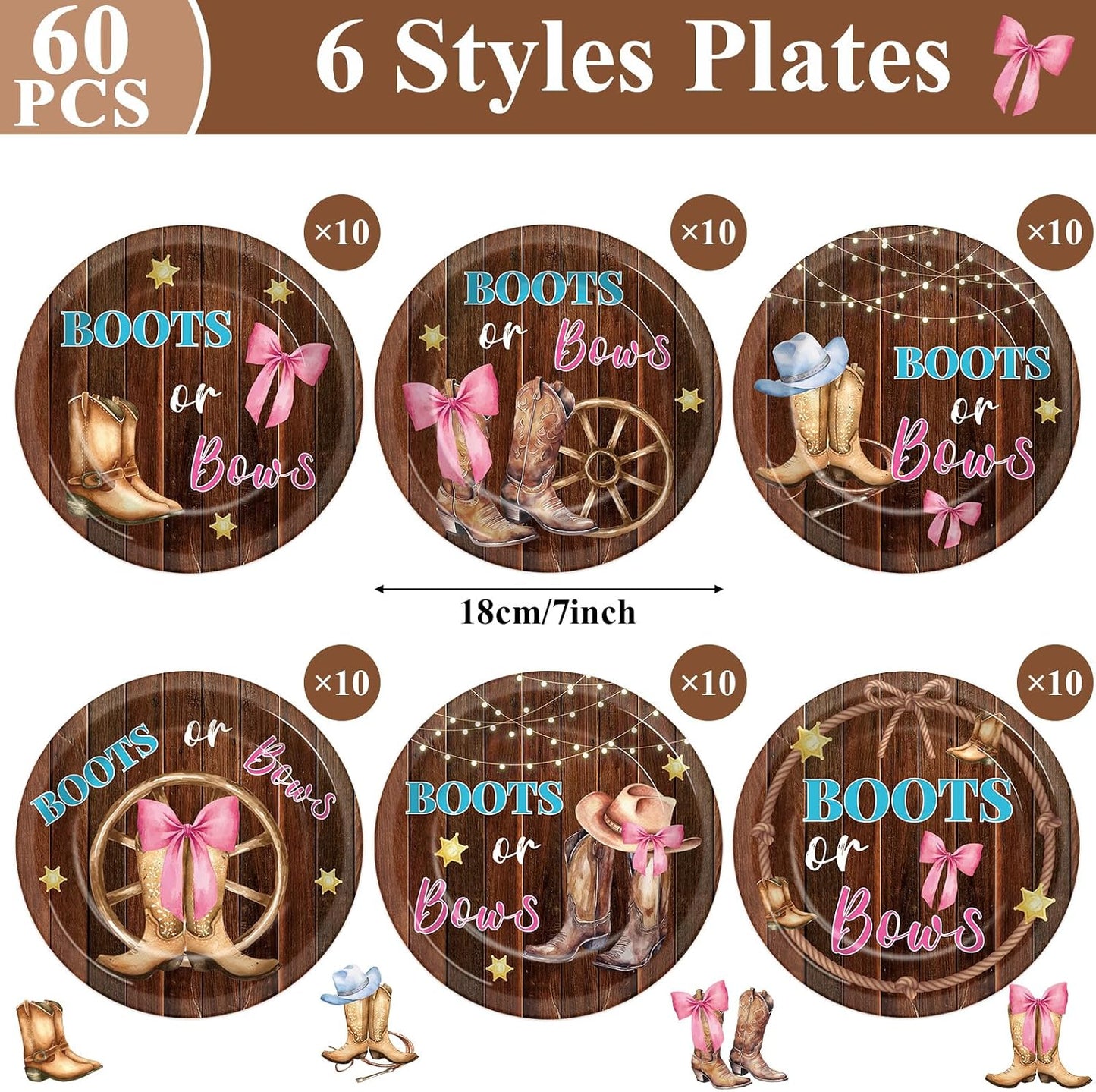 Boots and Bows Gender Reveal Paper Plates Cowboy Boots Pink Bows He or She Disposable Tableware Blue or Pink Party Supplies for Baby Shower Western Cowgirls Cowboys Gender Reveal Party Decorations BST326L