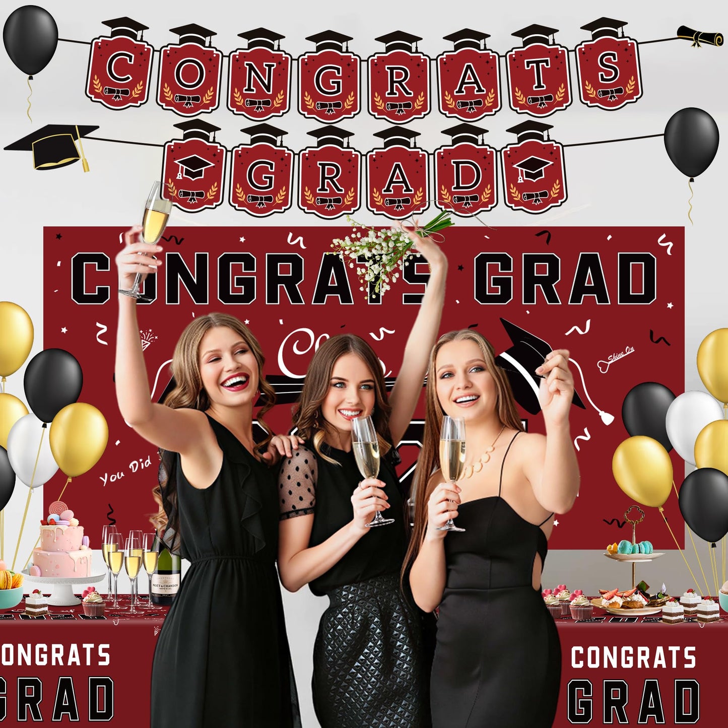 Graduation Decorations 2026 2027 - Red Congrats Grad Banner Backdrop Tablecloth Set - Graduation Decorations Class of 2026 | Graduation Party Favors Supplies WN420