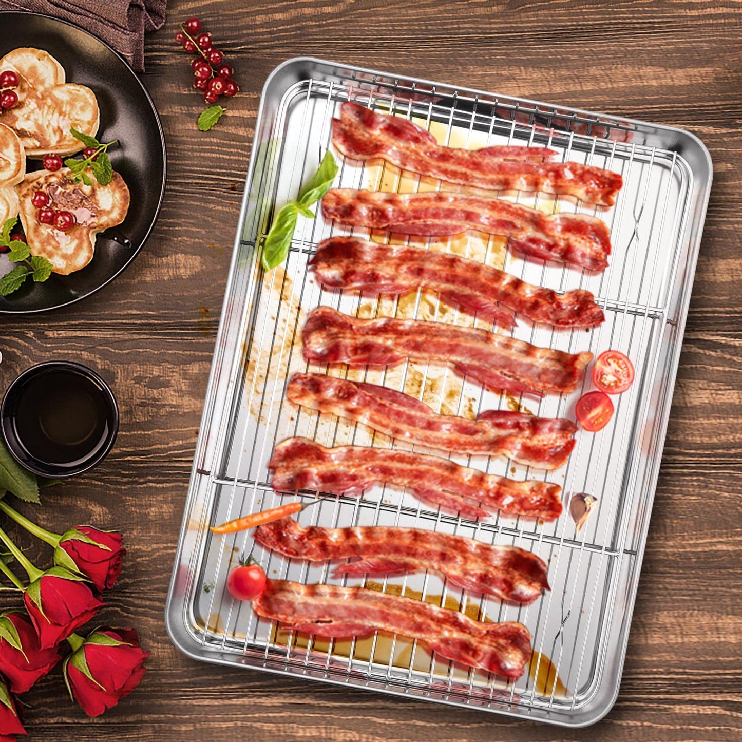 E-far Cookie Sheet with Rack Set, Half Sheet Baking Pan for Oven Cooking, 18”x13” Stainless Steel Rimmed Tray with Wire Cooling Rack for Roasting Broiling Bacon Meat Steak - Dishwasher Safe BST220