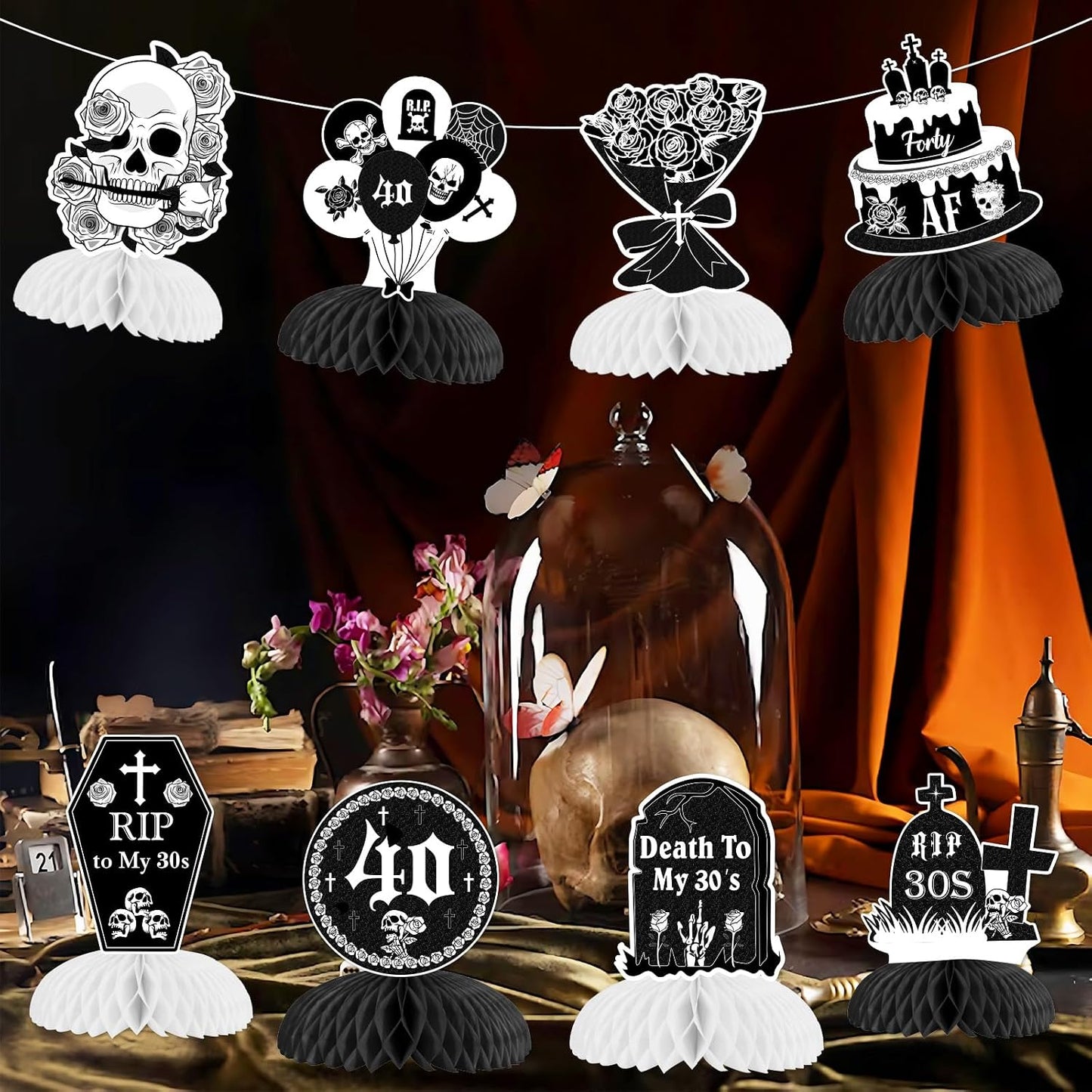 Death to My 30s Honeycomb Centerpieces Black Gothic 40th Birthday Decor | Rip to My 30s Honeycomb Centerpieces Table Gothic 40th Birthday Decoration for women 40th Birthday Party Supplies BST202