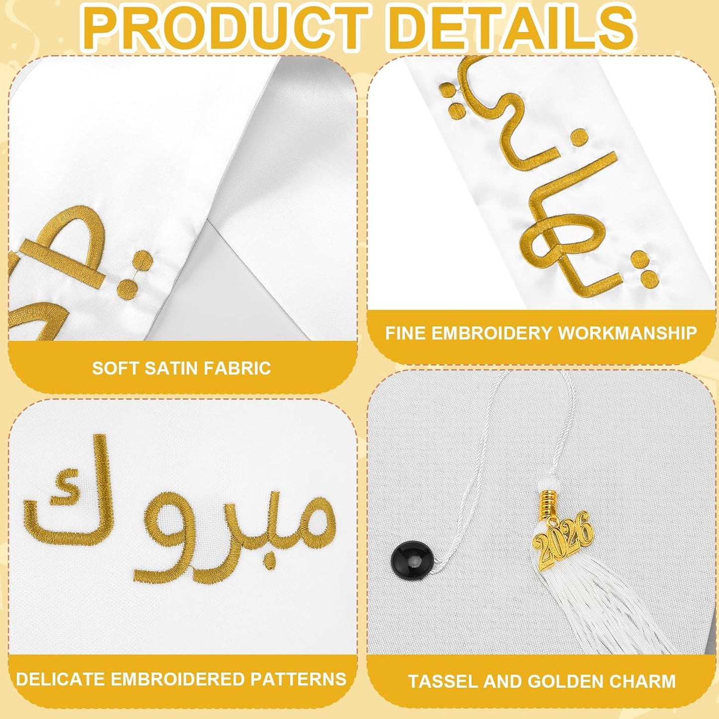 Dunzoom 2026 Arab Countries Graduation Cap and Stole Sash Set Saudi Arabia United Arab Emirates Egypt Embroidery Grad Hat Sash with Charm Tassel Class of 2026 for America International Student WN420