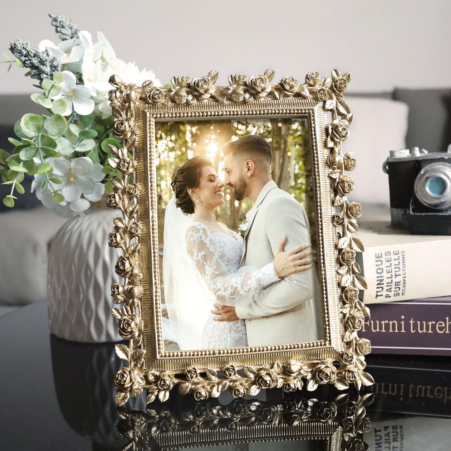 5x7 Wedding Picture Frame Gold,2 Pack Small Frame for Gallery Decor | Durable Resin Material,Tabletop & Wall Display,Real Glass,Rose Floral Design,Antique Brass Finish,Wedding Arrangement Decor BST326H
