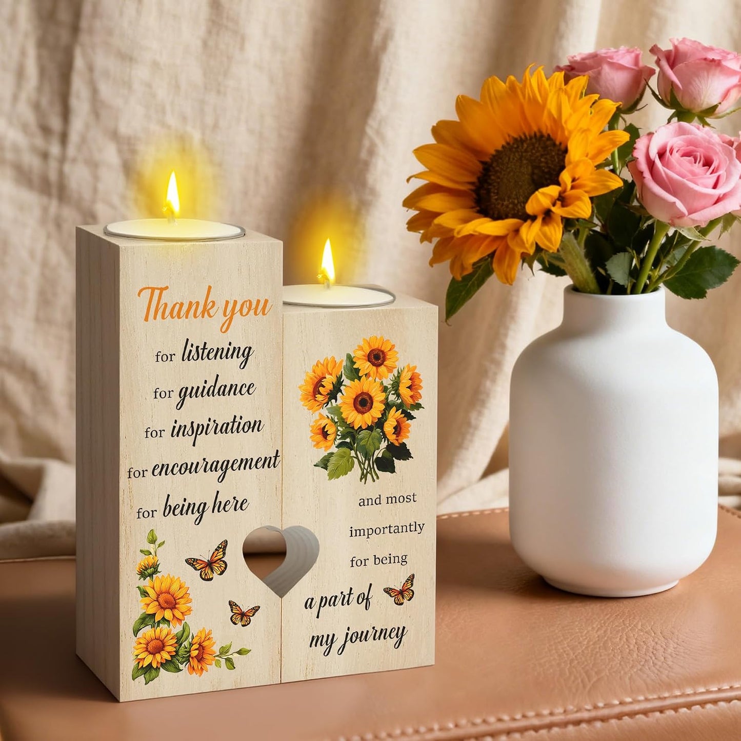 Thank You Gifts for Women Appreciation Gifts for Teacher Friends Coworker Sunflower Wooden Candle Holder Candlestick End of Year Teachers Week for Teachers Nurse Instructor BST220