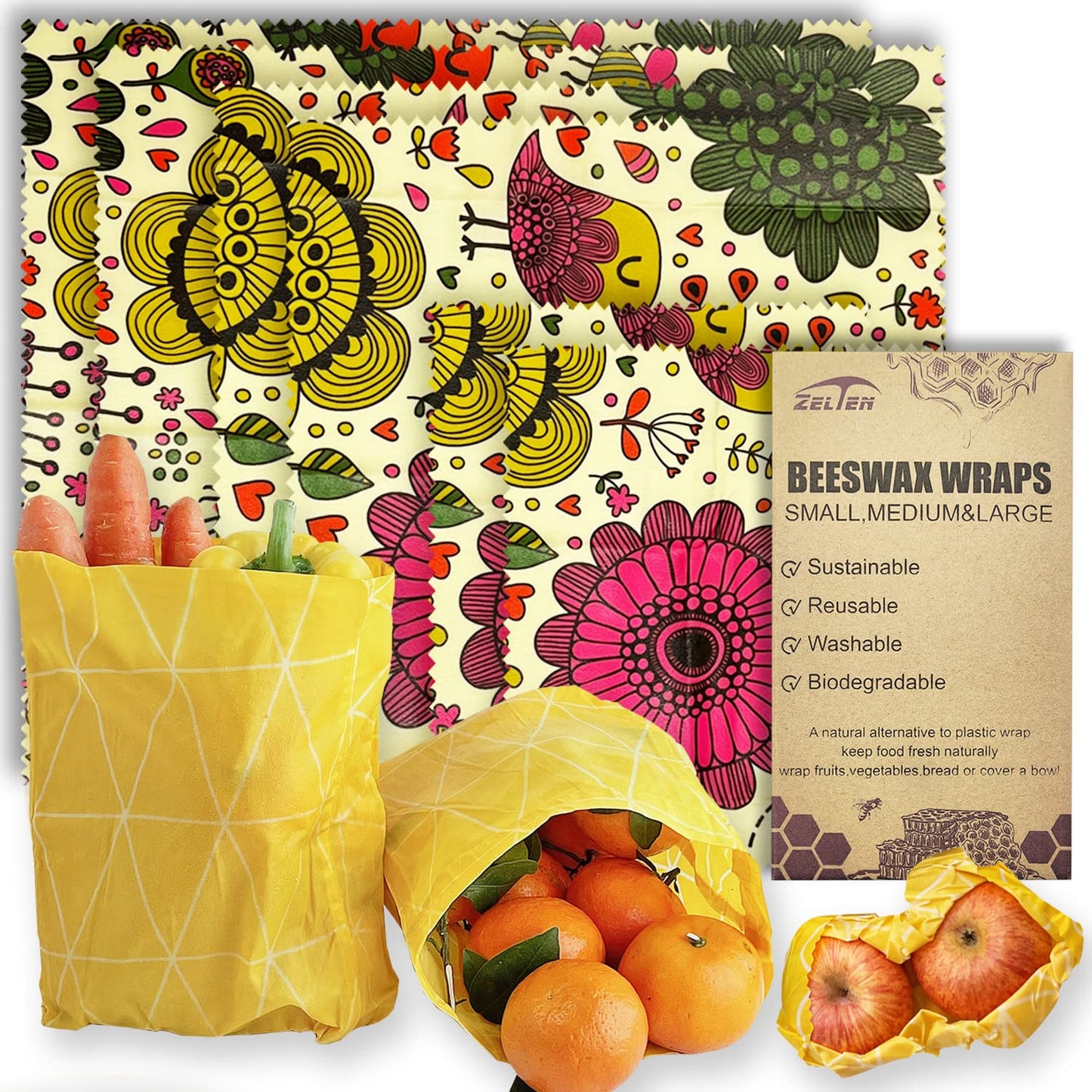 Beeswax Reusable Food Wraps - (6 Packs, 3 Sizes S,M,L, with 2 Meter Hemp Rope, Two Buttons) Plastic and Silicone Free, Eco-friendly Wrap, Wax Paper for Food,Flower BST220