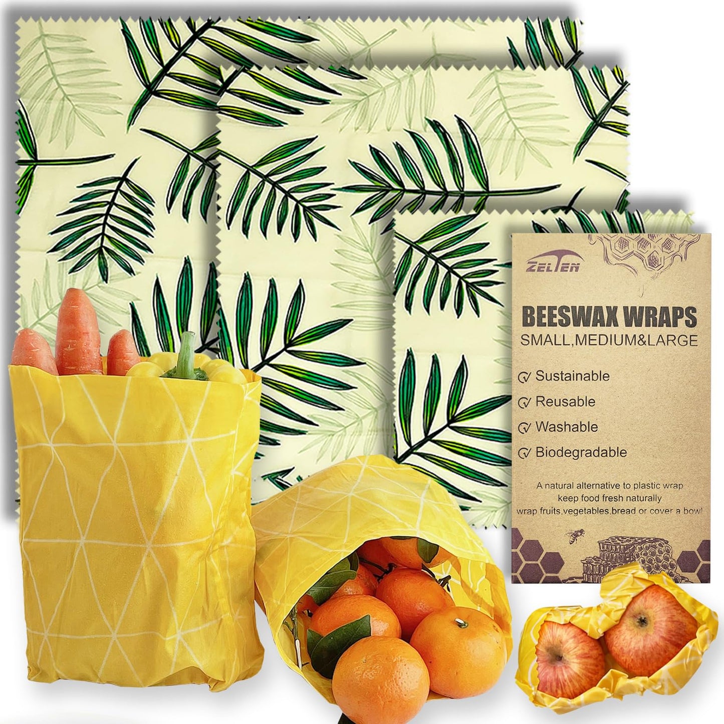 Beeswax Reusable Food Wraps - (6 Packs, 3 Sizes S,M,L, with 2 Meter Hemp Rope, Two Buttons) Plastic and Silicone Free, Eco-friendly Wrap, Wax Paper for Food,Flower BST220