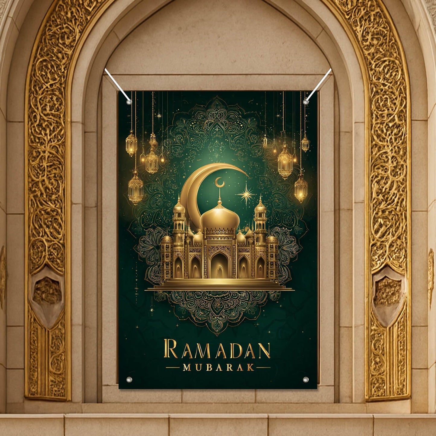 HOMETITUTE Eid Ramadan Window Banner Holiday Curtain Backdrop 31x47 Fabric | Mubarak Cover Festival Screen Windows Banner Hanging Living Room Bedroom Home Crescent Moon Star Pattern Design BST326H