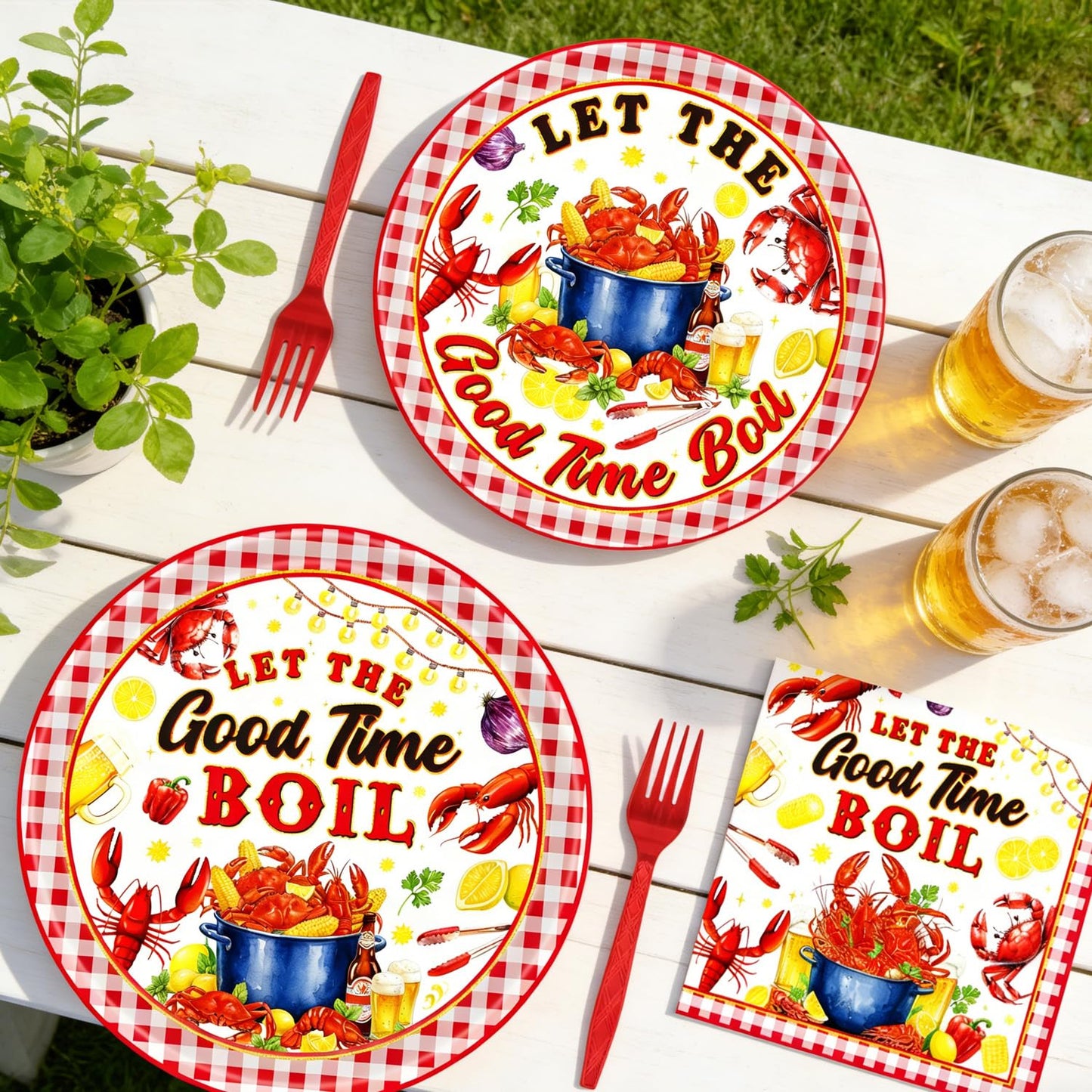 Gameza July Christmas Party Decorations Tableware, 96PCS There's Some Hohoho's in July Disposable Paper Plates and Napkins Decoration, Summer Xmas Beach Forks Decor Supplies Serves 24 BST220