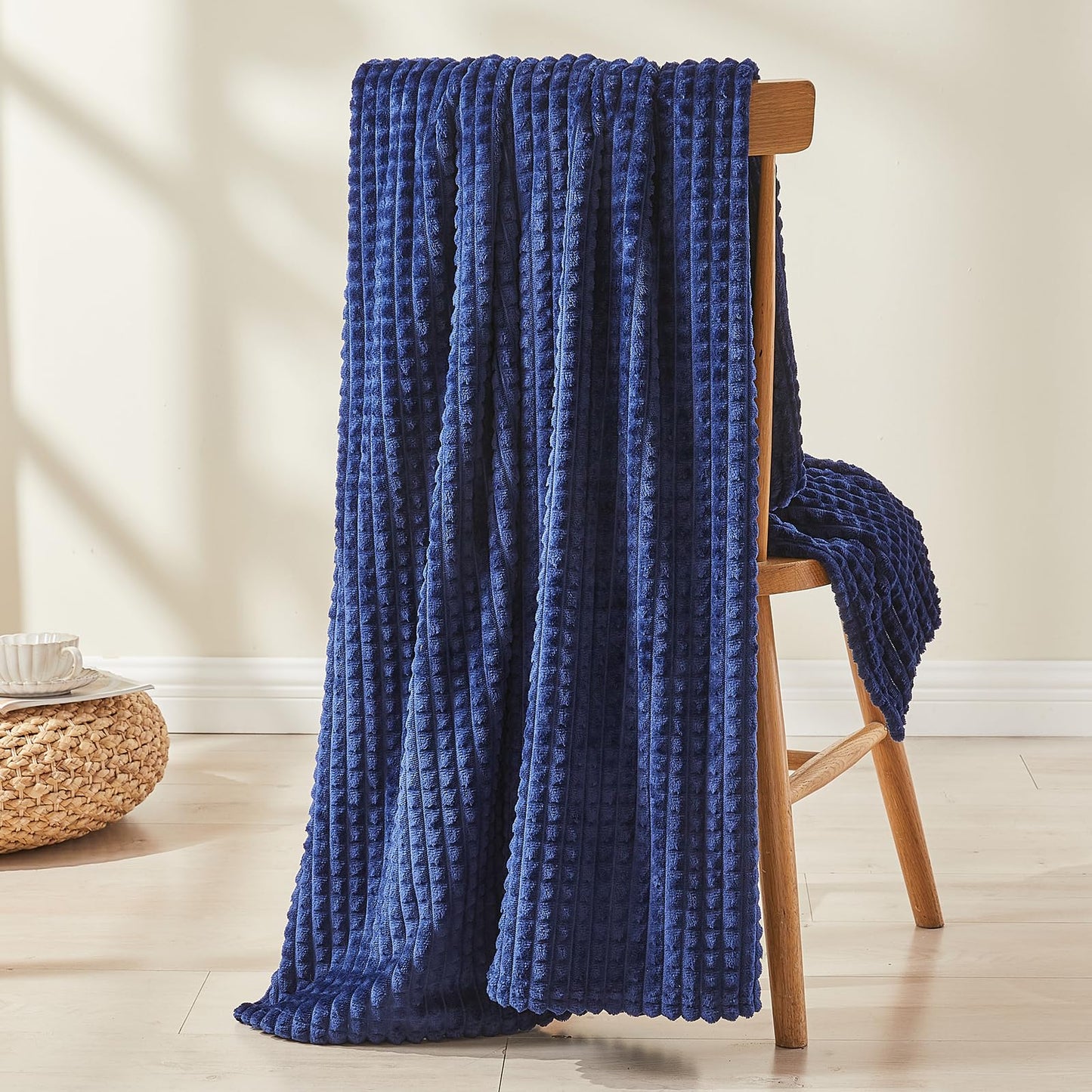 EMME Fleece Blanket, 3D Jacquard Throw Blanket for Couch and Bed, Soft Cozy and Fluffy Blankets Lightweight Luxury Flannel with Waffle Design (Navy Blue, 50" x 60") BST202