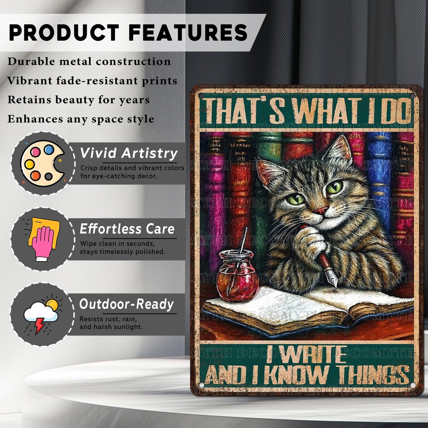 Vintage Cat Sign That's What I Do Write And I Know Things Metal Poster Sign for Home Bar Pub Kitchen Garage Restaurant Wall Deocr 12 * 8inch BST220
