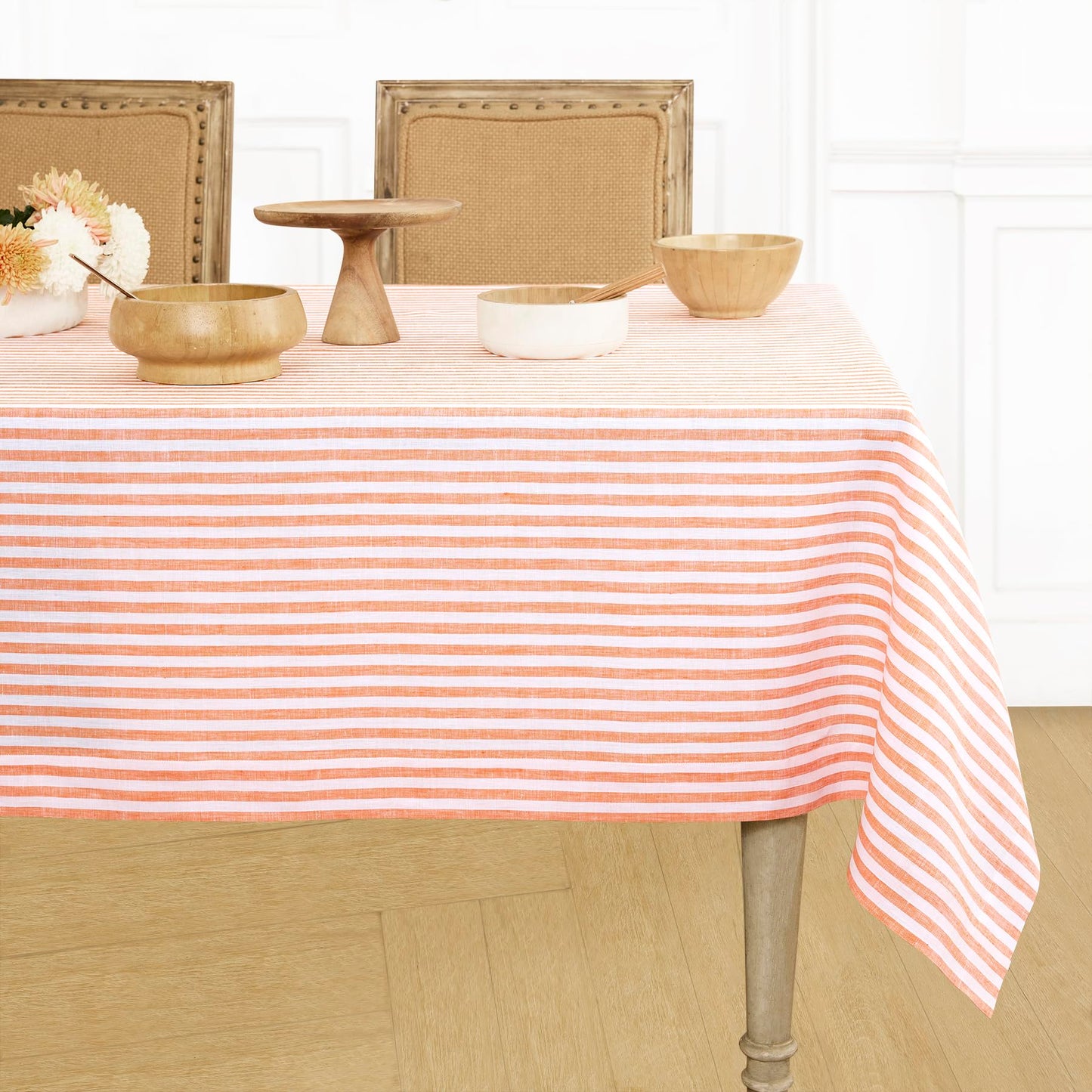 Solino Home 100% Linen Table Cloth, Throw, 52 x 52 in, Coral, Amalfi Stripe | Striped Linen Tablecloth a neat topper for bistro, card and side tables | Coral and White | Pure Linen | OEKO-TEX Certified BST326SOLH