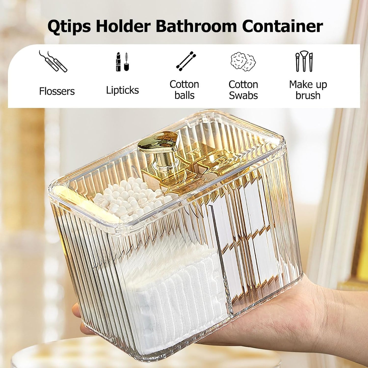Qtips Holder Bathroom Container, 3-Section Cotton Buds Ball Dispenser, Clear Bathroom Organizer Jar, Cosmetics Storage for Vanity BST326L