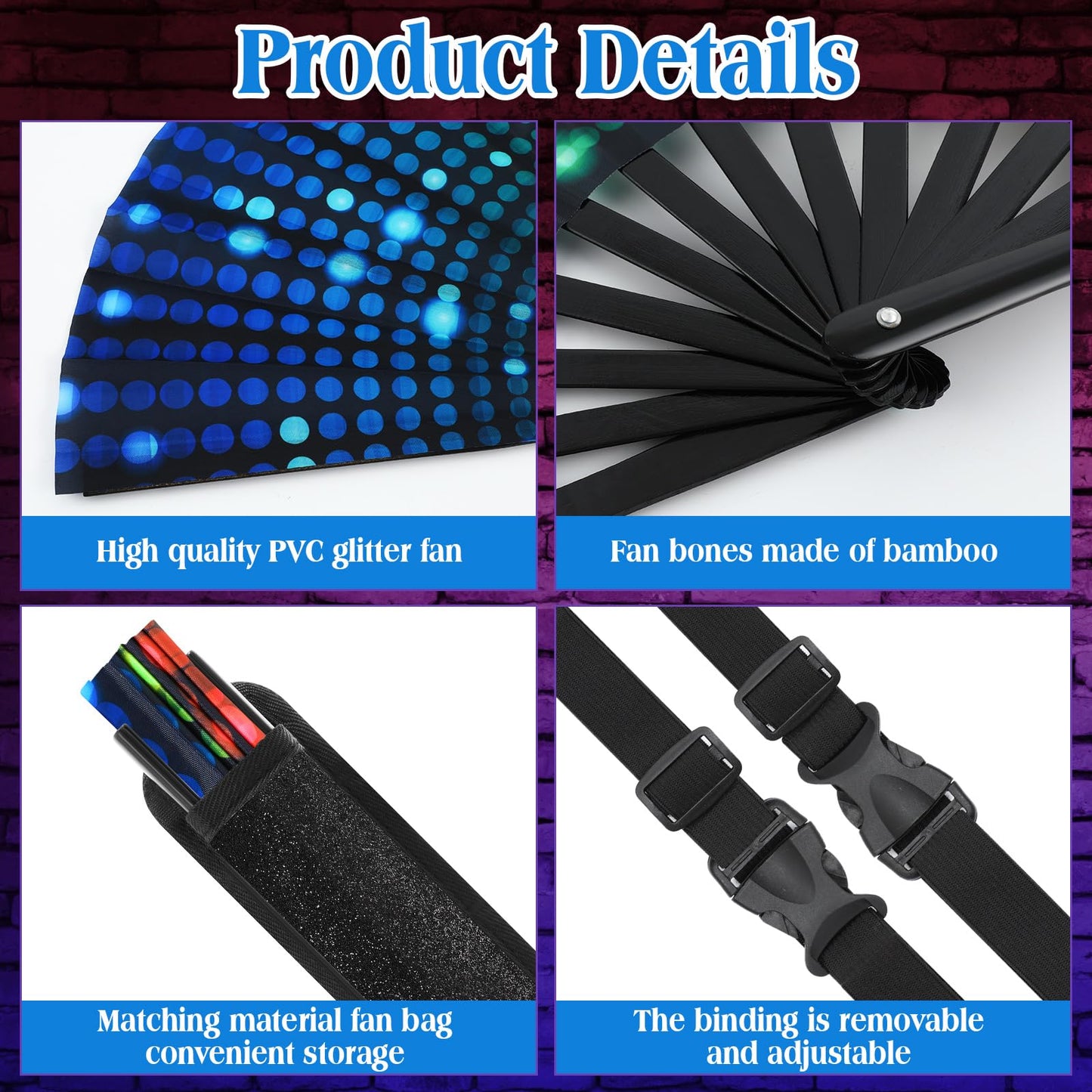 FairySandy Large Rave Fan UV Glow Clack Summer Hand Fan with Thigh Holster for Women Carnival Party Supplies for Carnival Edm Music Festival Club Accessories(Cool Style,Black) WN420