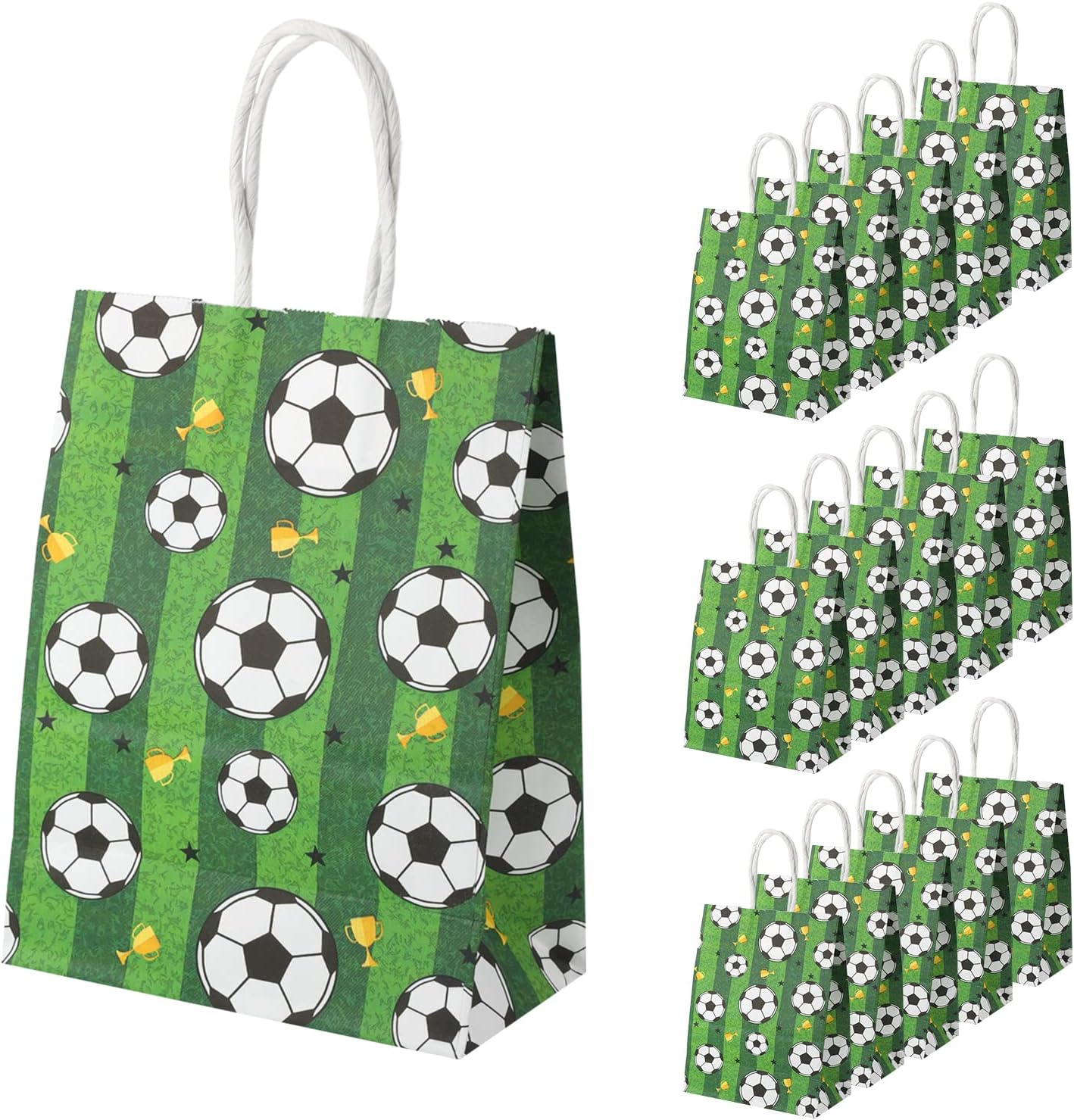 16pcs Soccer Party Favor Paper Bags - Green Football Gift Bags with Handles for Kids & Adults Team Soccer Party Goodie Snacks Treat Supplies WN420
