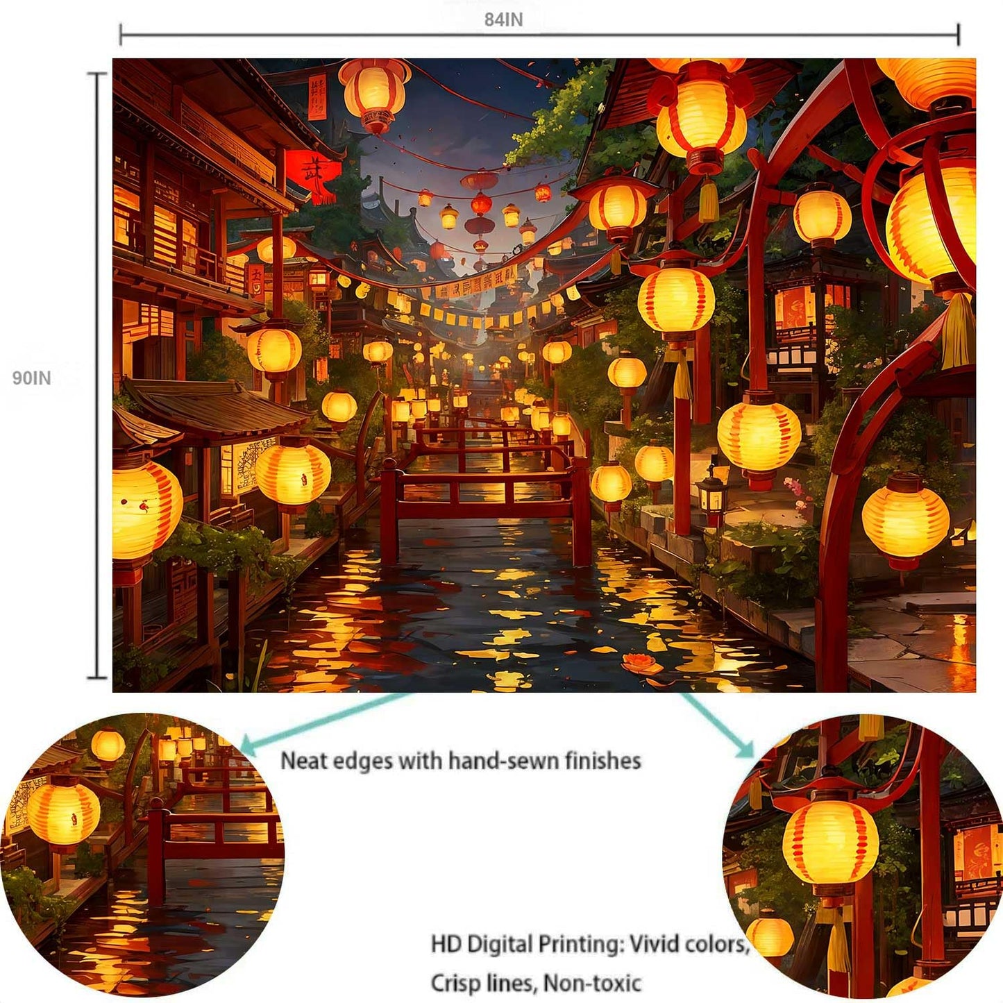 Ine Ive Japanese Tapestry Wall Hanging Large Size 93x71 Inch | Traditional Japan Streets filled with lanterns tapestry for Bedroom Living Room Dorm Office Restaurant Wall Decor BST202