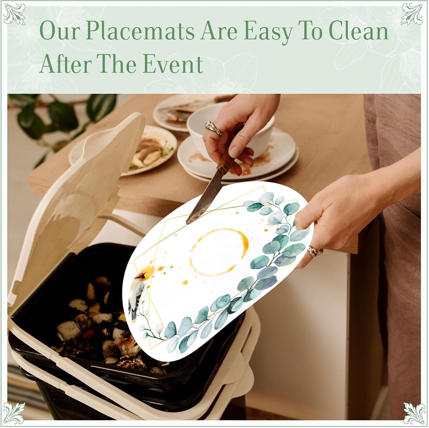48 PCS Paper Placemats, Disposable Round Table Mats Greenery Eucalyptus Leaves Design Tableware Decoration for Birthday, Banquet, Wedding, Baby Shower Party, Home Dining BST220