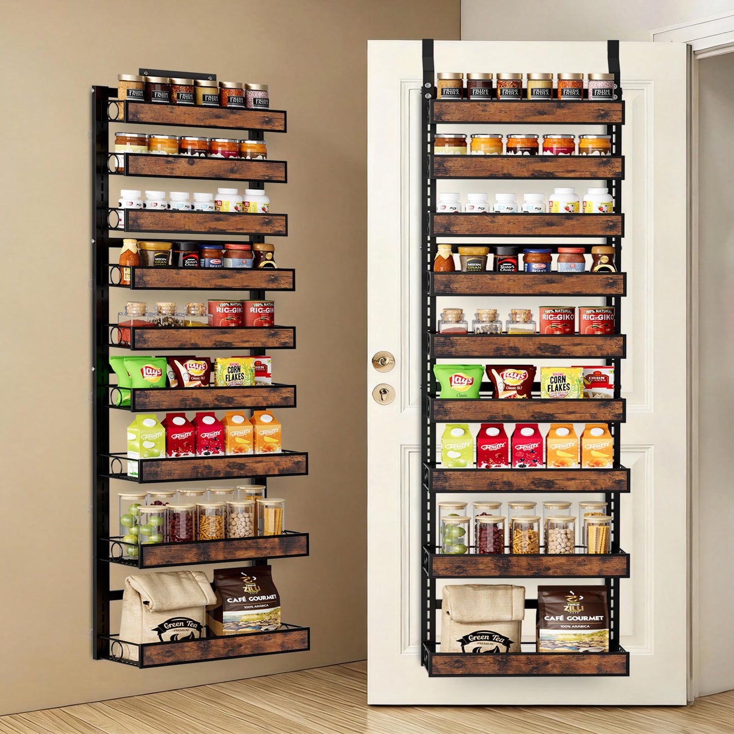8 Tier Over The Door Pantry Orangizer 2 IN 1 Wall Mounted or Hanging Spice Rack with Adjustable Wood Basket,Heavy Duty Seasoning Storage Shelf for Kitchen Pantry and Bathroom BST220