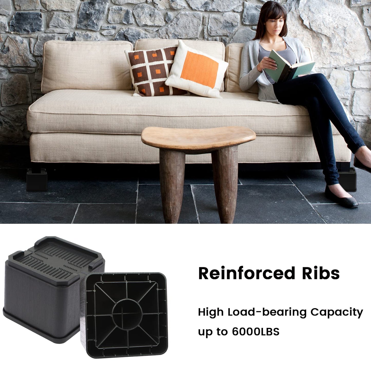 MYMULIKE Bed Risers Oversized 8 Pack, 4 Inch Heavy Duty Furniture Risers Support Up to 6000lbs, Adjustable 8 Inch Bed Raising Blocks Couch Risers for College Dorm Rooms, Tables, Desks BST202
