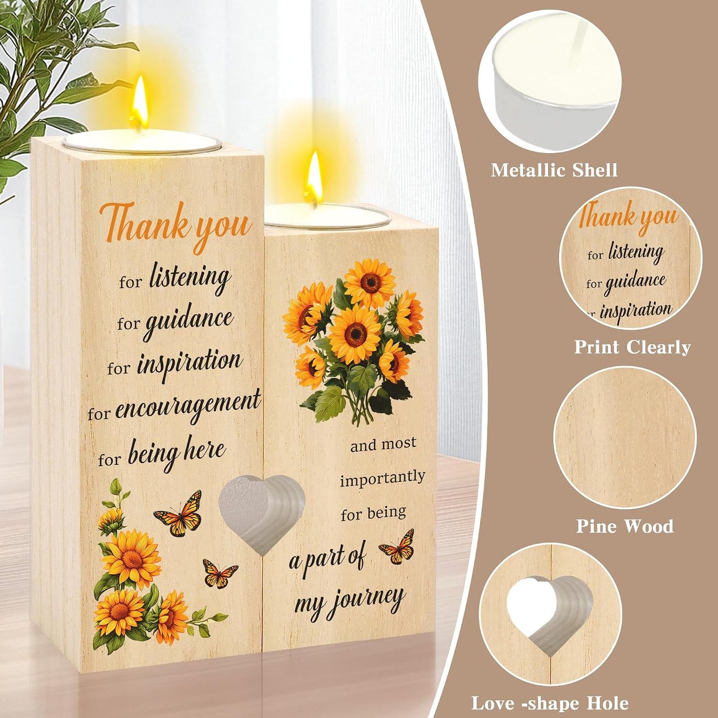 Thank You Gifts for Women Appreciation Gifts for Teacher Friends Coworker Sunflower Wooden Candle Holder Candlestick End of Year Teachers Week for Teachers Nurse Instructor BST220
